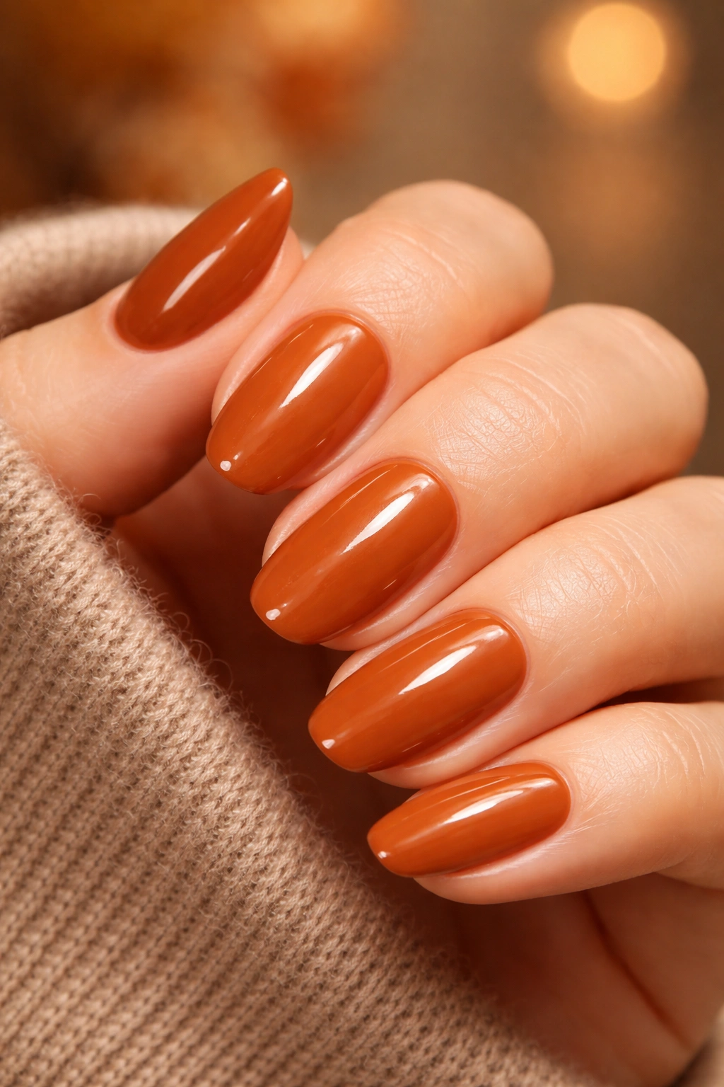 Close-up of nails painted Pumpkin Spice in warm cinnamon-orange, autumn manicure