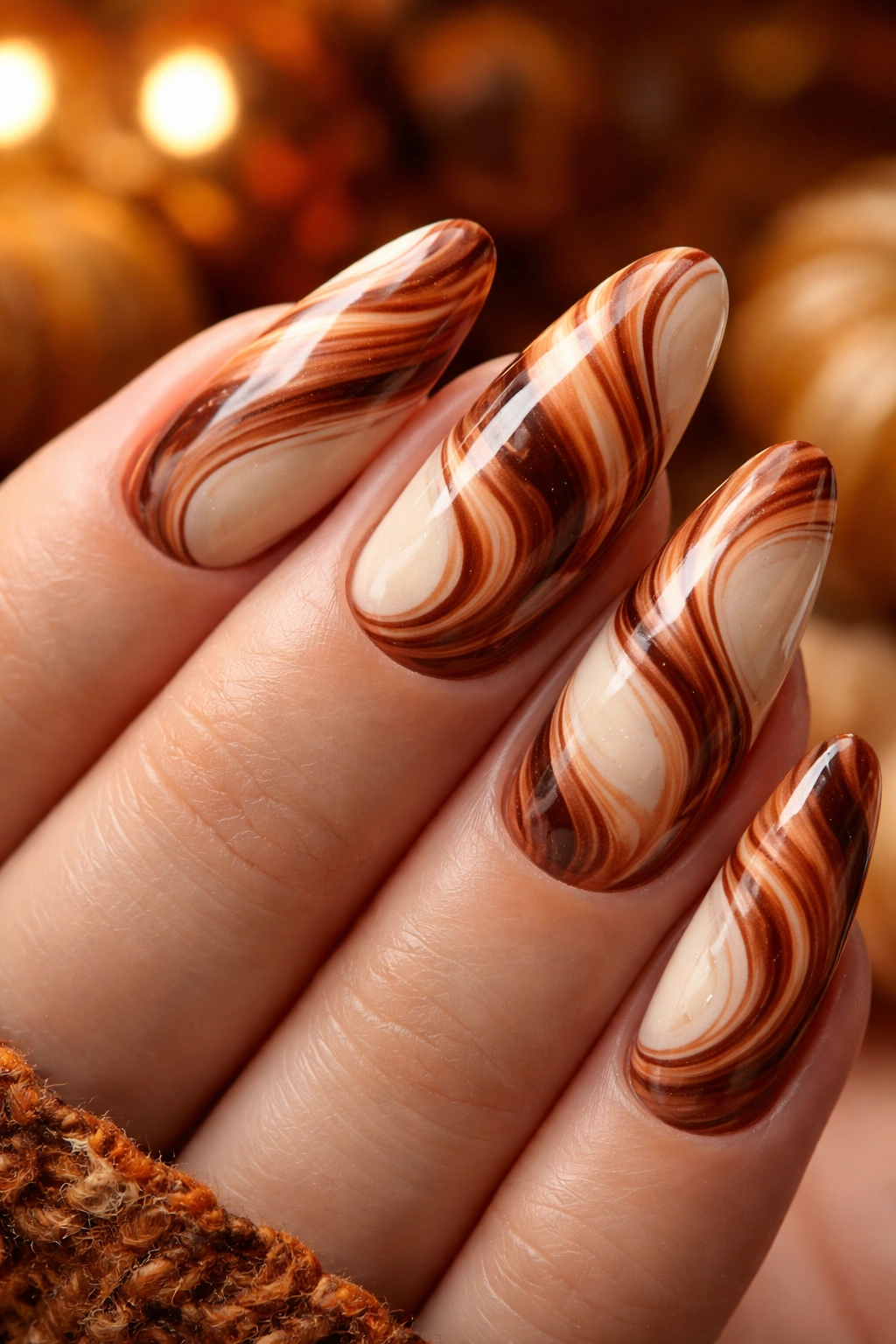 Close-up of pumpkin spice swirl nails with cream base and orange-brown marbling