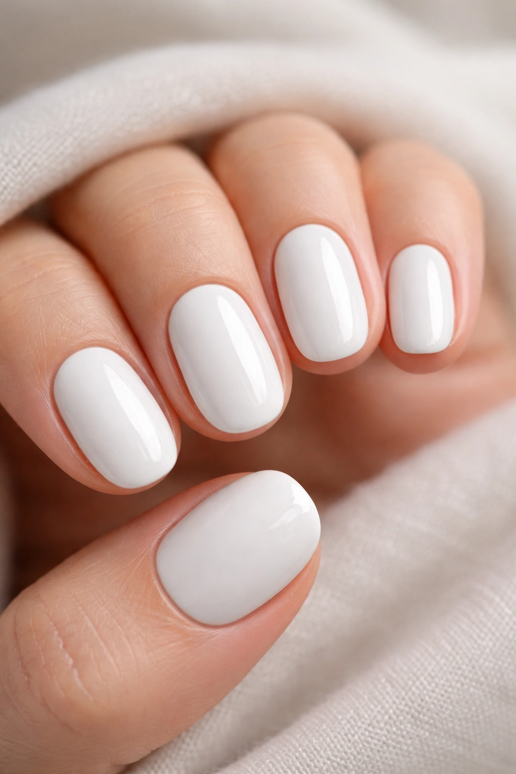 Close-up of bare, opaque white short oval nails with a clean finish