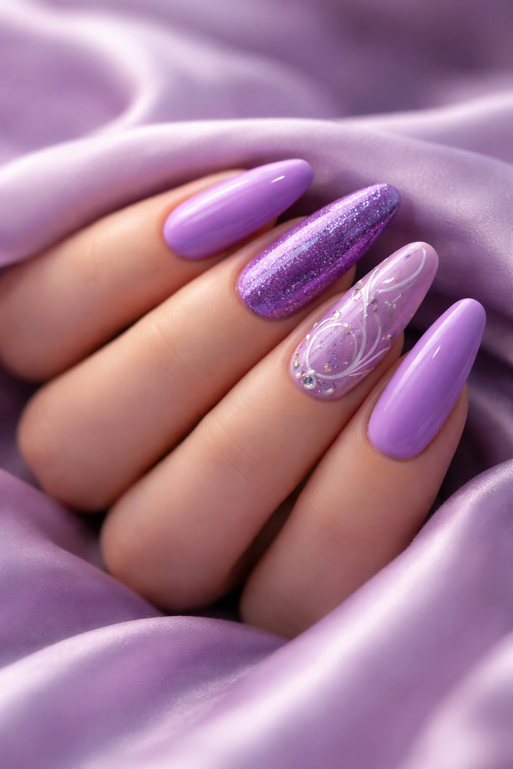 Purple acrylic nails resting on soft purple fabric in a calm elegant mood