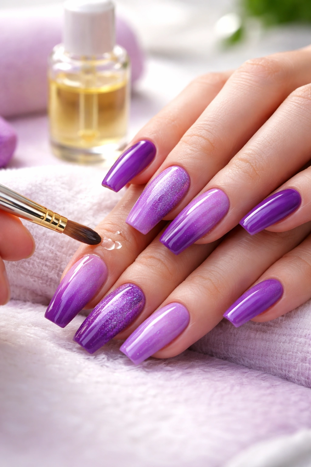 Purple acrylic nails with cuticle oil maintenance