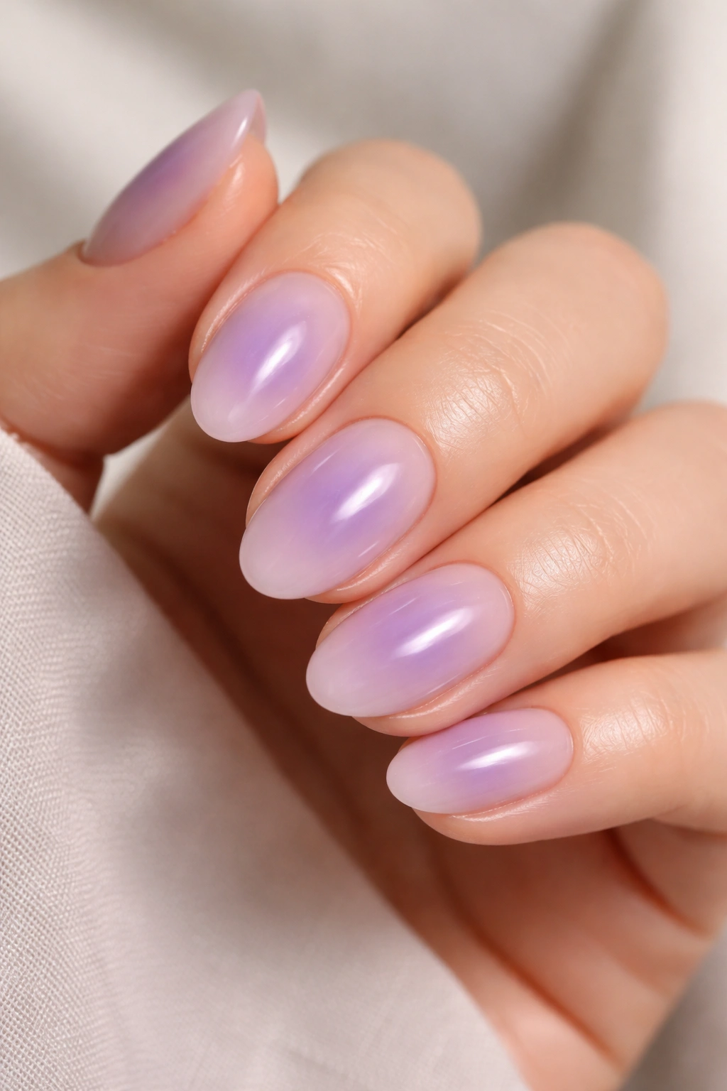 Close-up of Purple Aura Nails on short almond nails with sheer milky base and purple halo