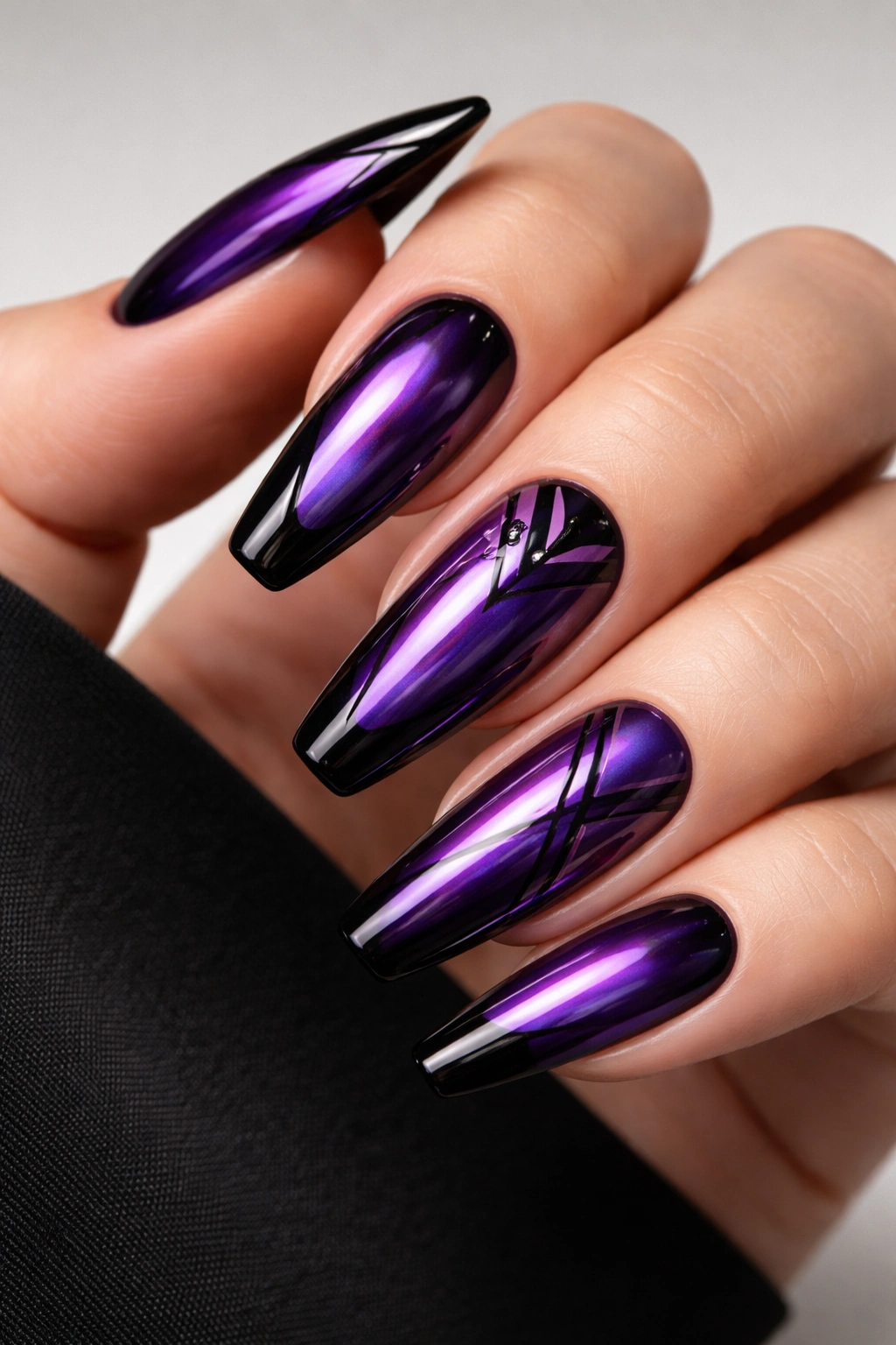 Purple chrome nails with black accents in lines and shapes