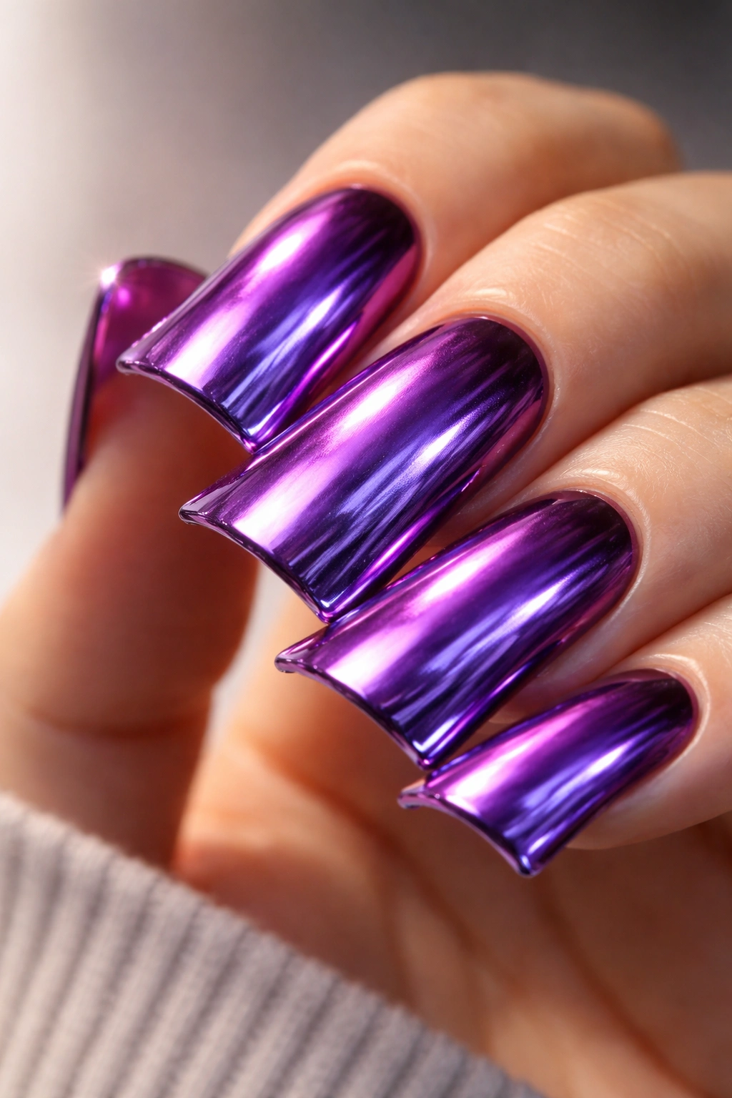 Close-up of purple chrome duck nail on a finger