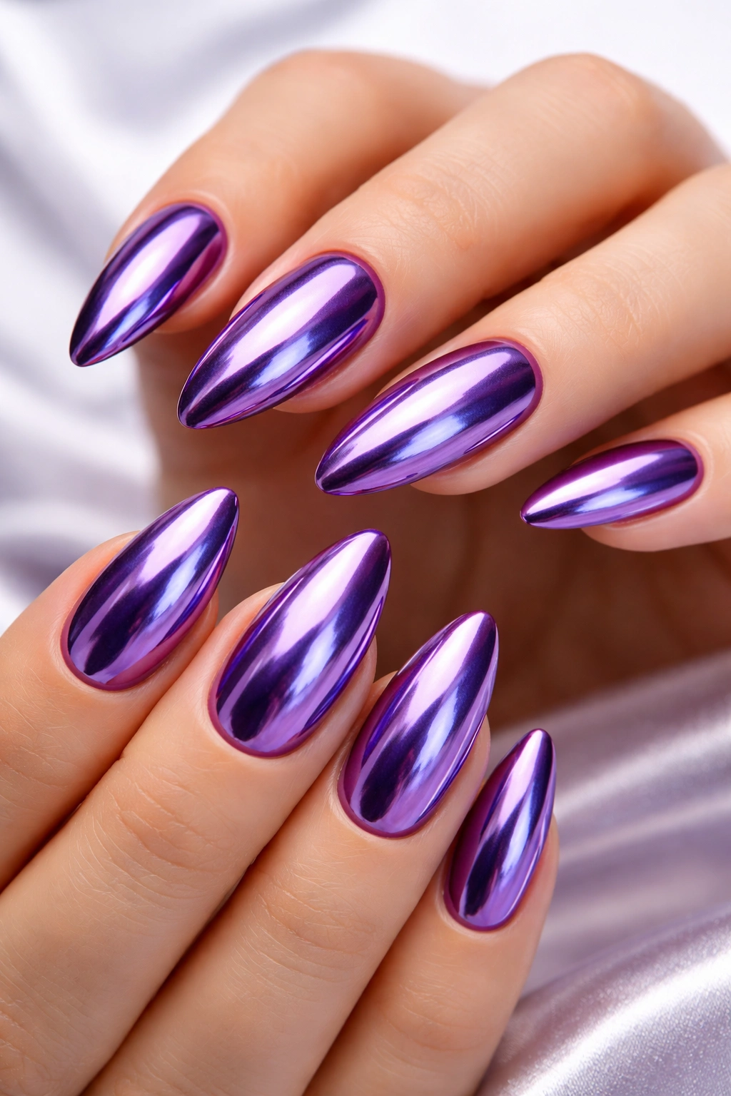 Close-up of almond nails with purple chrome mirror finish