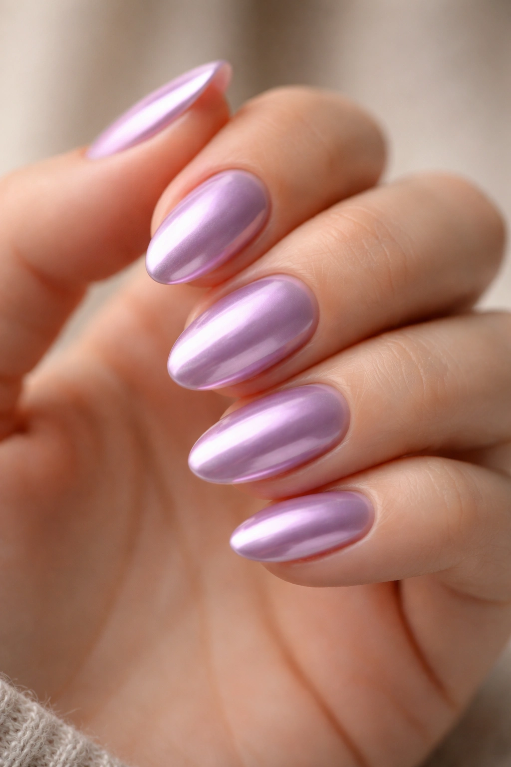Close-up of short almond nails with purple chrome glaze, lavender reflective finish