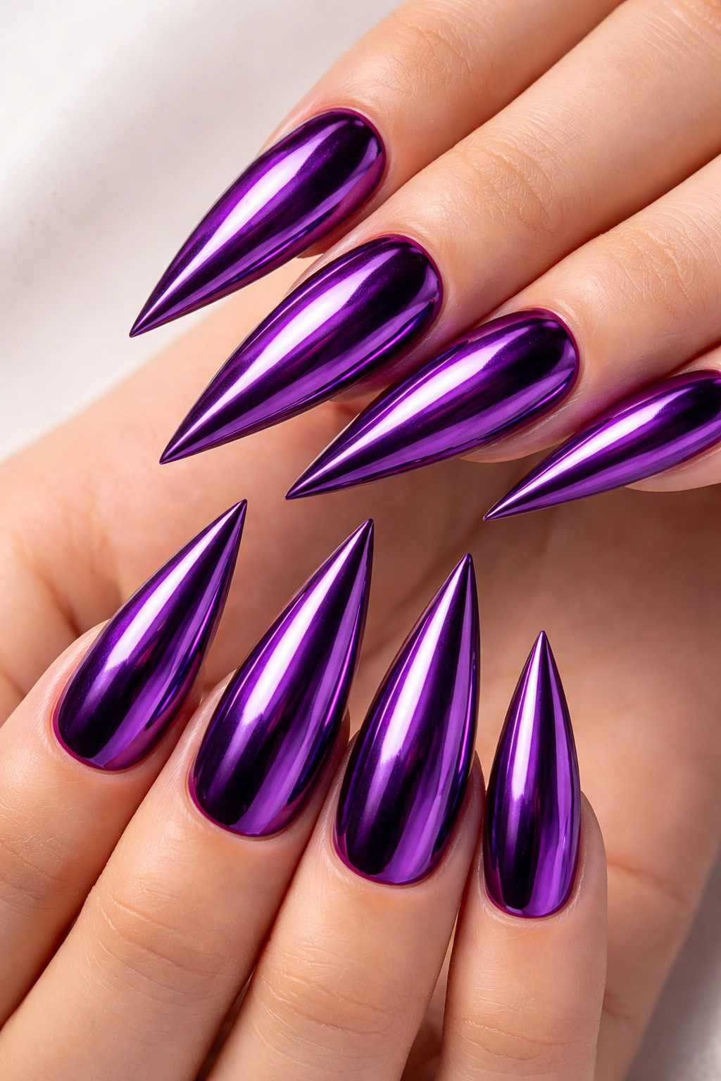 Purple chrome stiletto nails with sharp points and mirror shine
