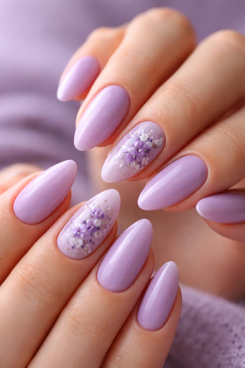 Purple floral almond nails with delicate blossoms on accented nails