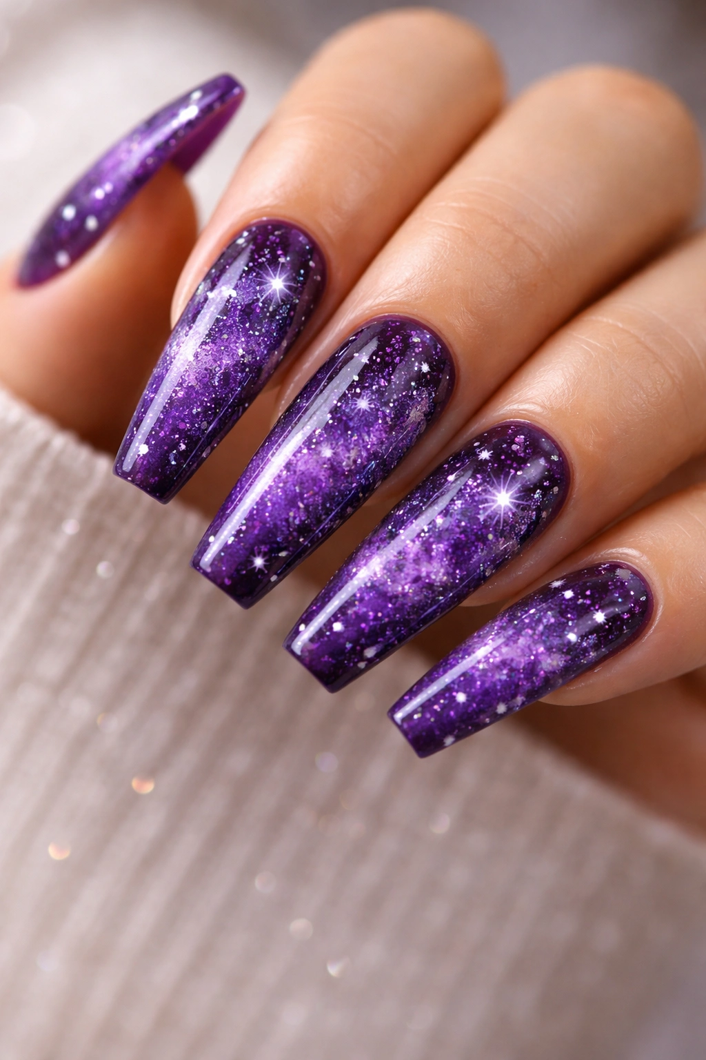 Deep purple coffin nails with starry galaxy design and glitter