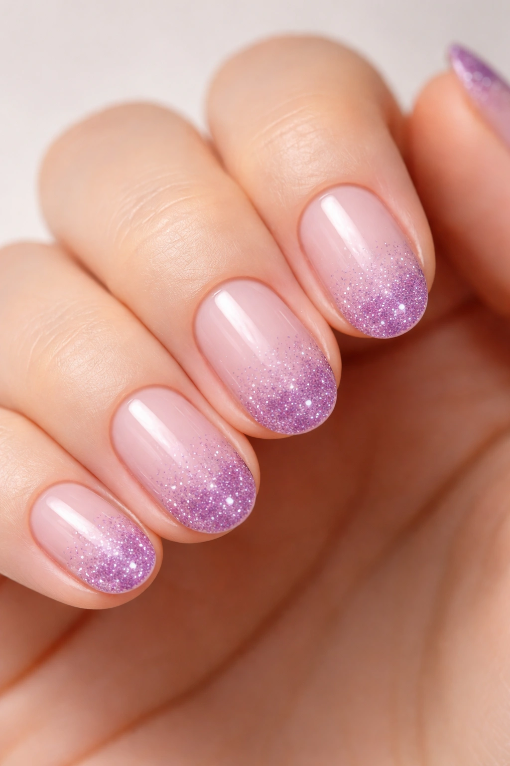 Close-up of a short oval nail showing a purple glitter fade at the tips over a nude base