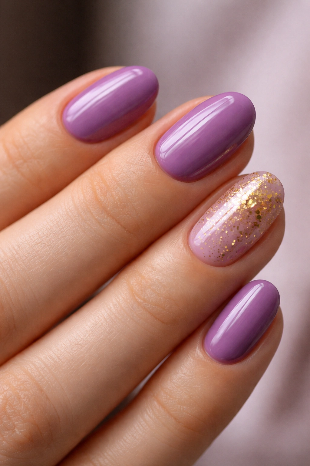 Close-up of a short oval hand with purple nails and a gold accent nail