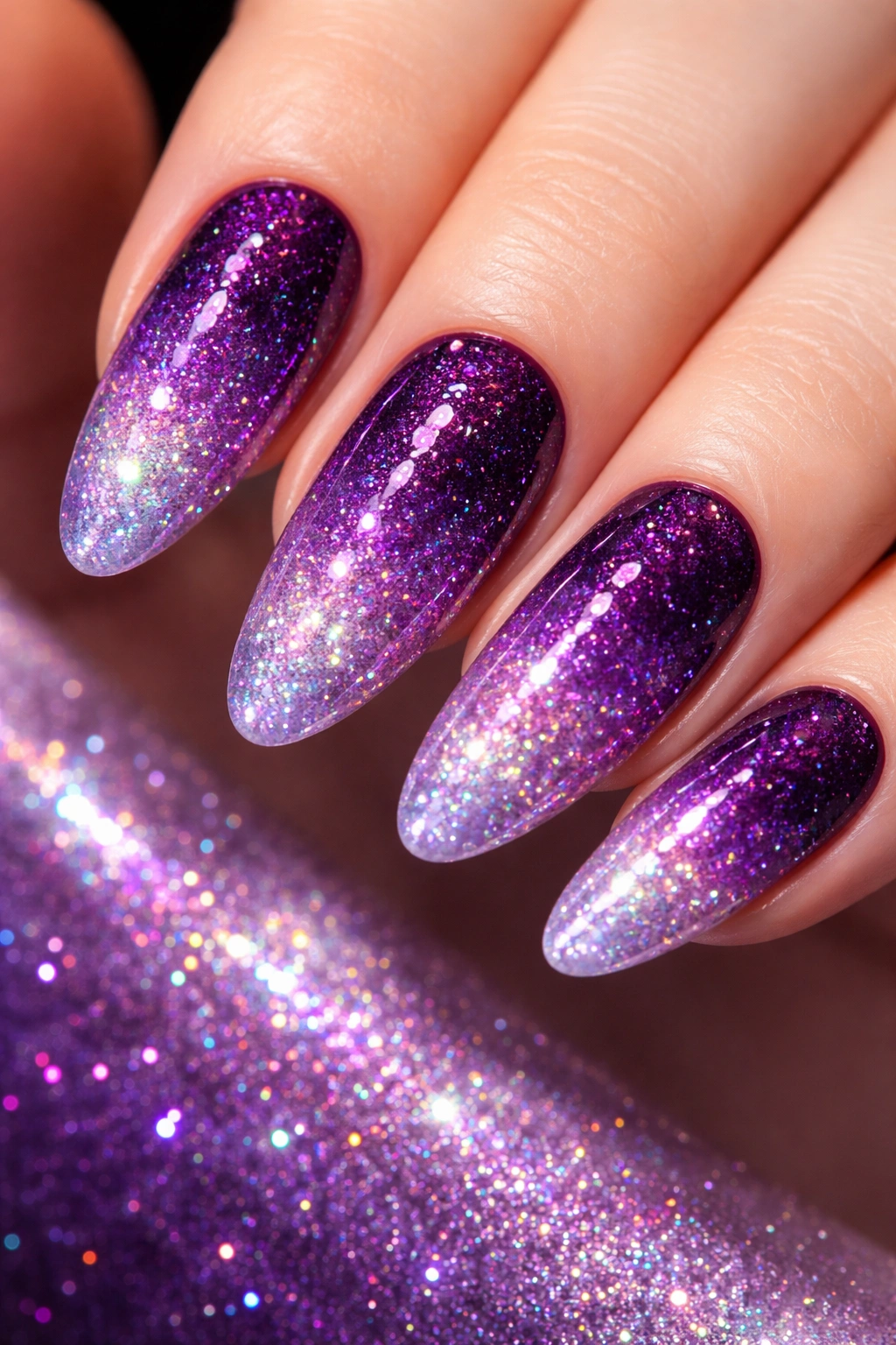 Purple holographic ombre nails with glitter