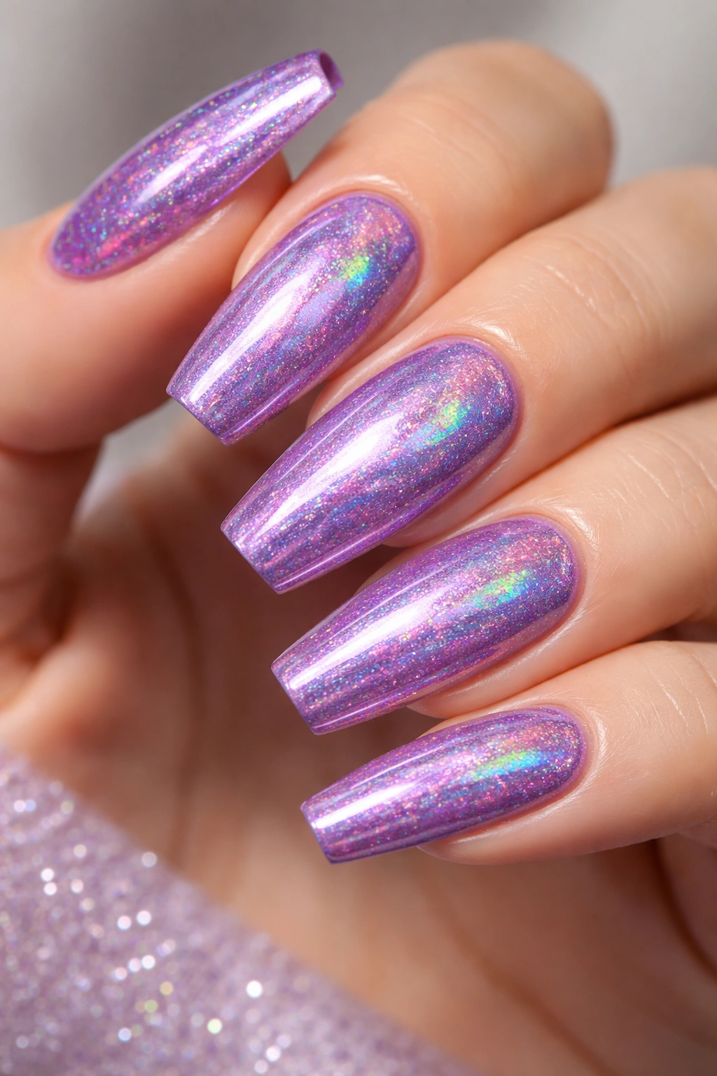 Close-up of purple holographic nails with rainbow light reflections