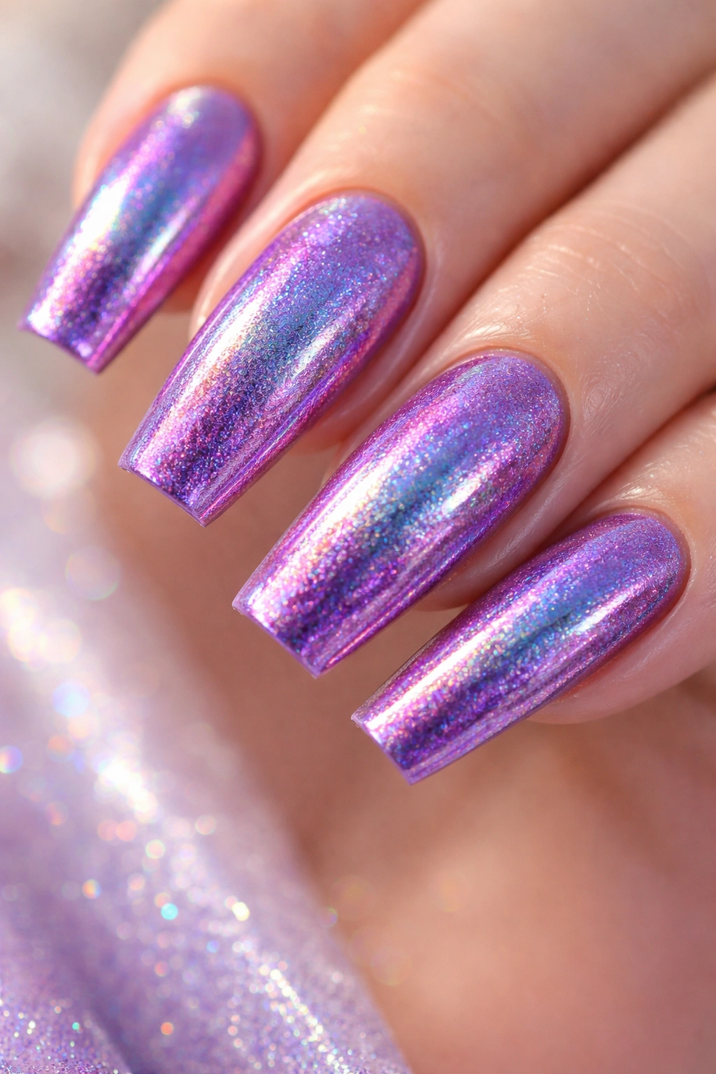 Purple holographic coffin nails showing rainbow shimmer