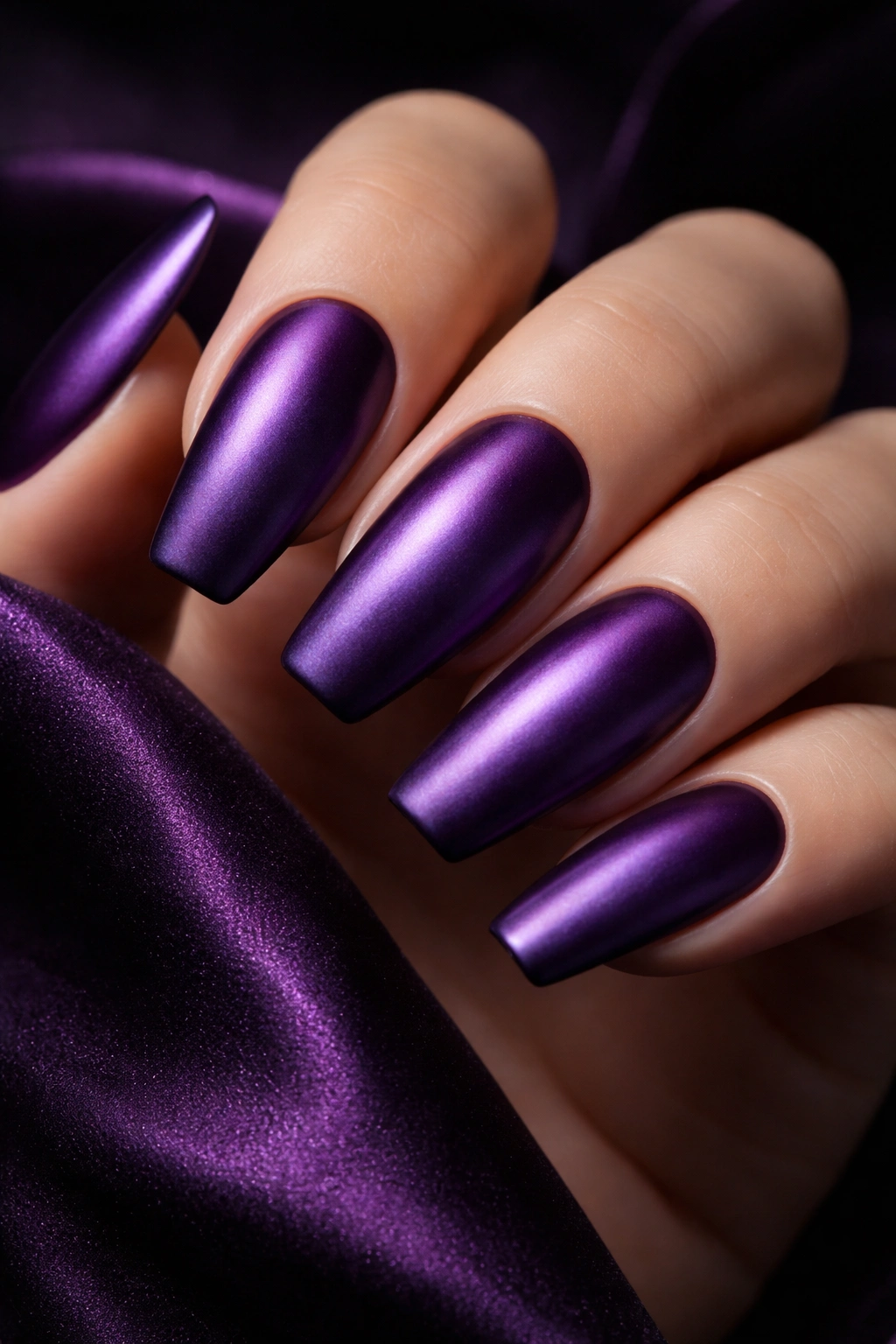 Close-up of purple matte chrome nails with velvety finish