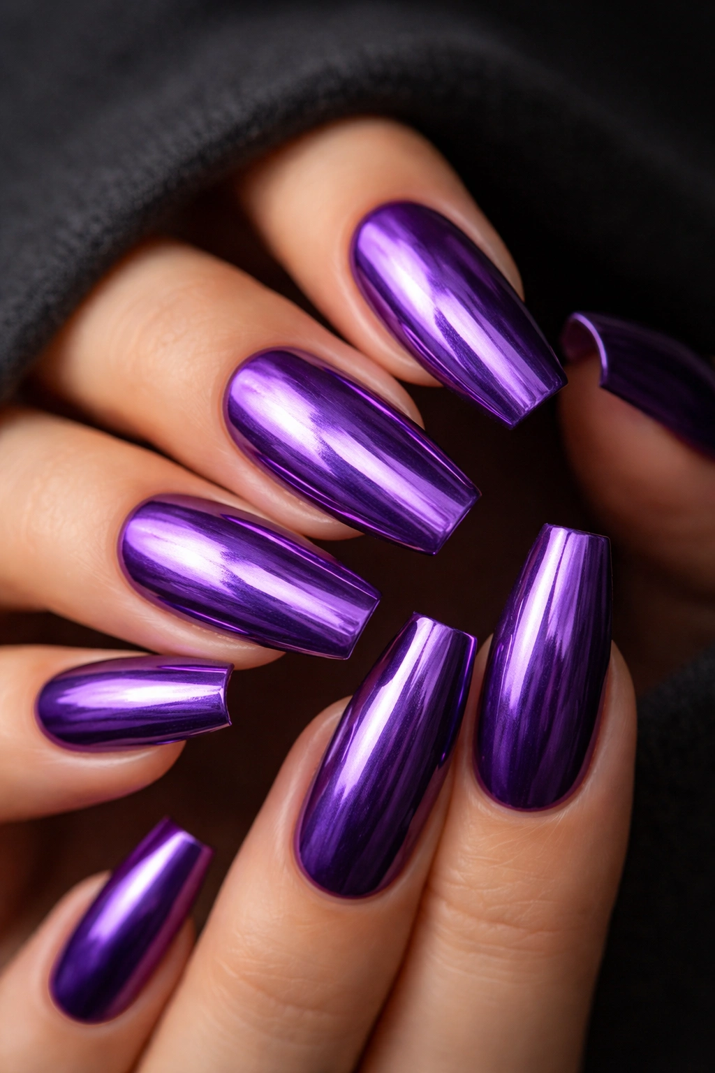 Close-up of medium coffin nails painted metallic purple with a reflective finish