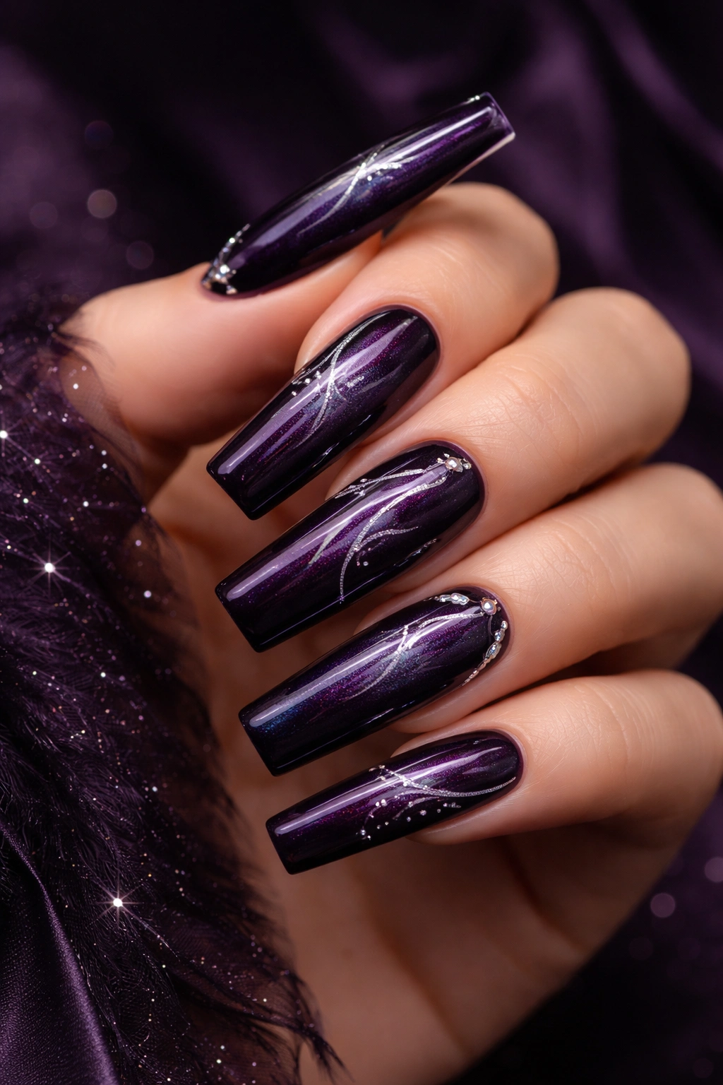 Long square purple nails with subtle chrome accents.