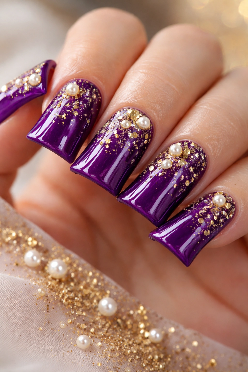 Deep purple nails with gold confetti and pearl accents close-up