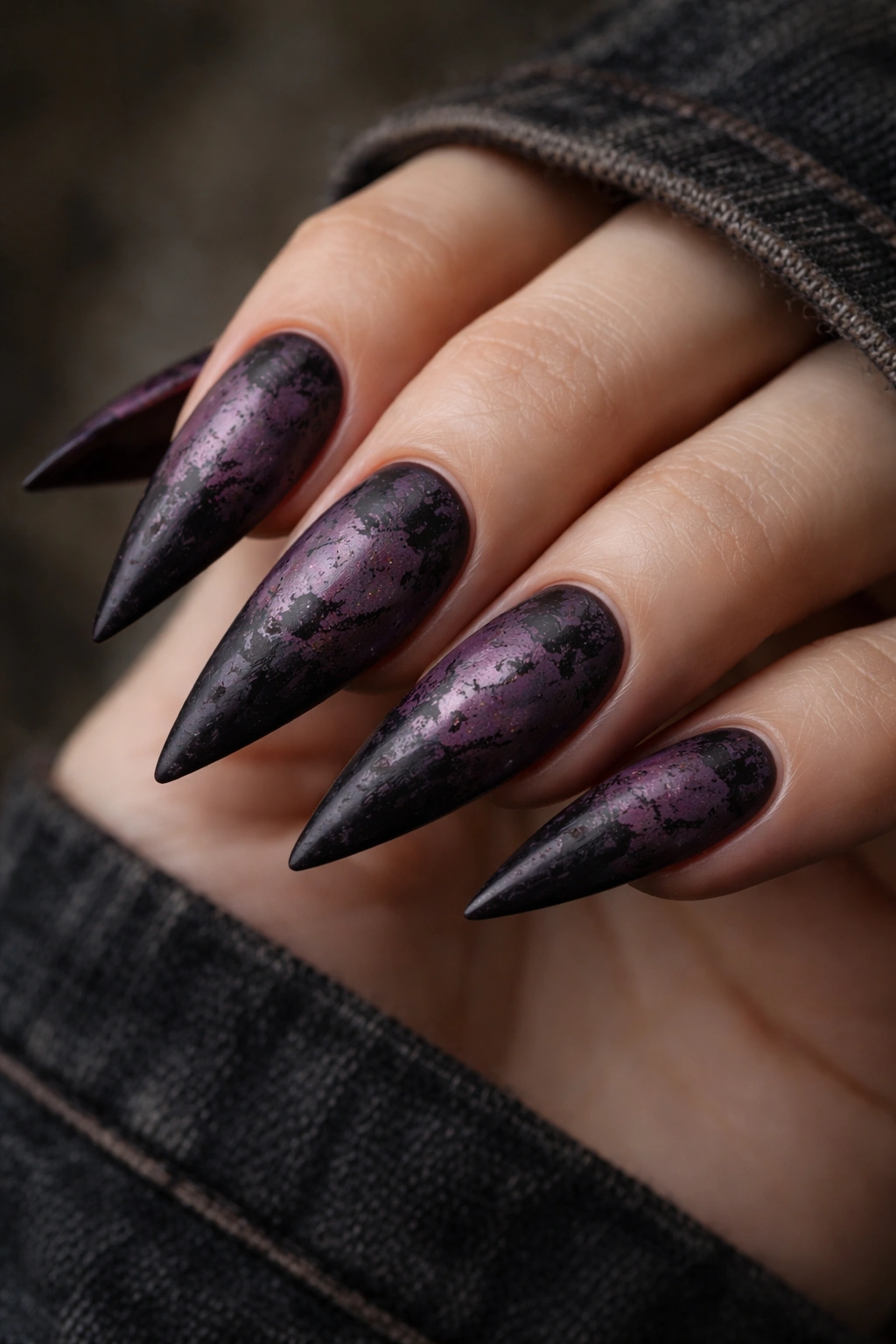 Purple nails with black distressed patches