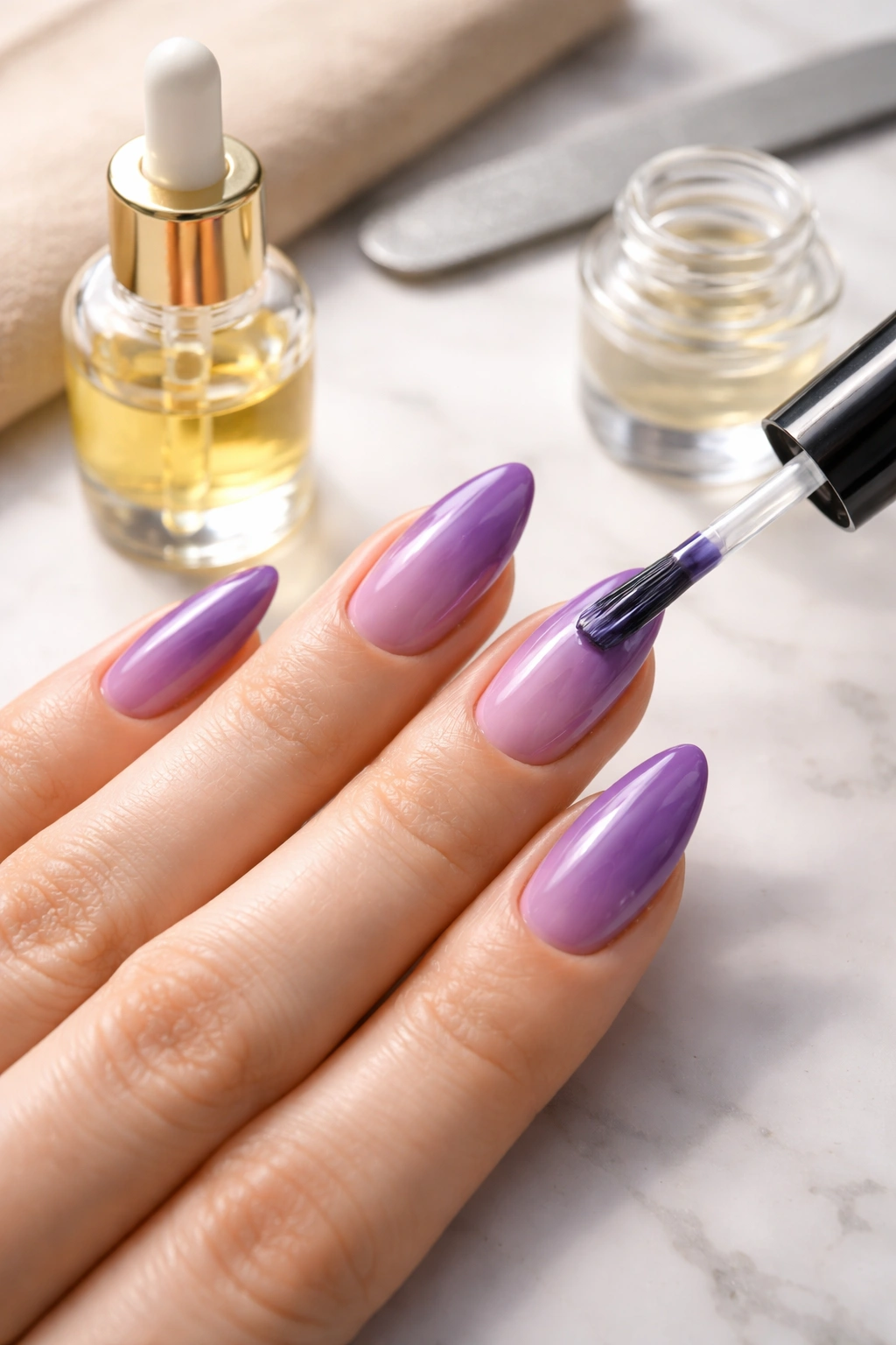 Purple almond nails with topcoat being applied and cuticle oil nearby