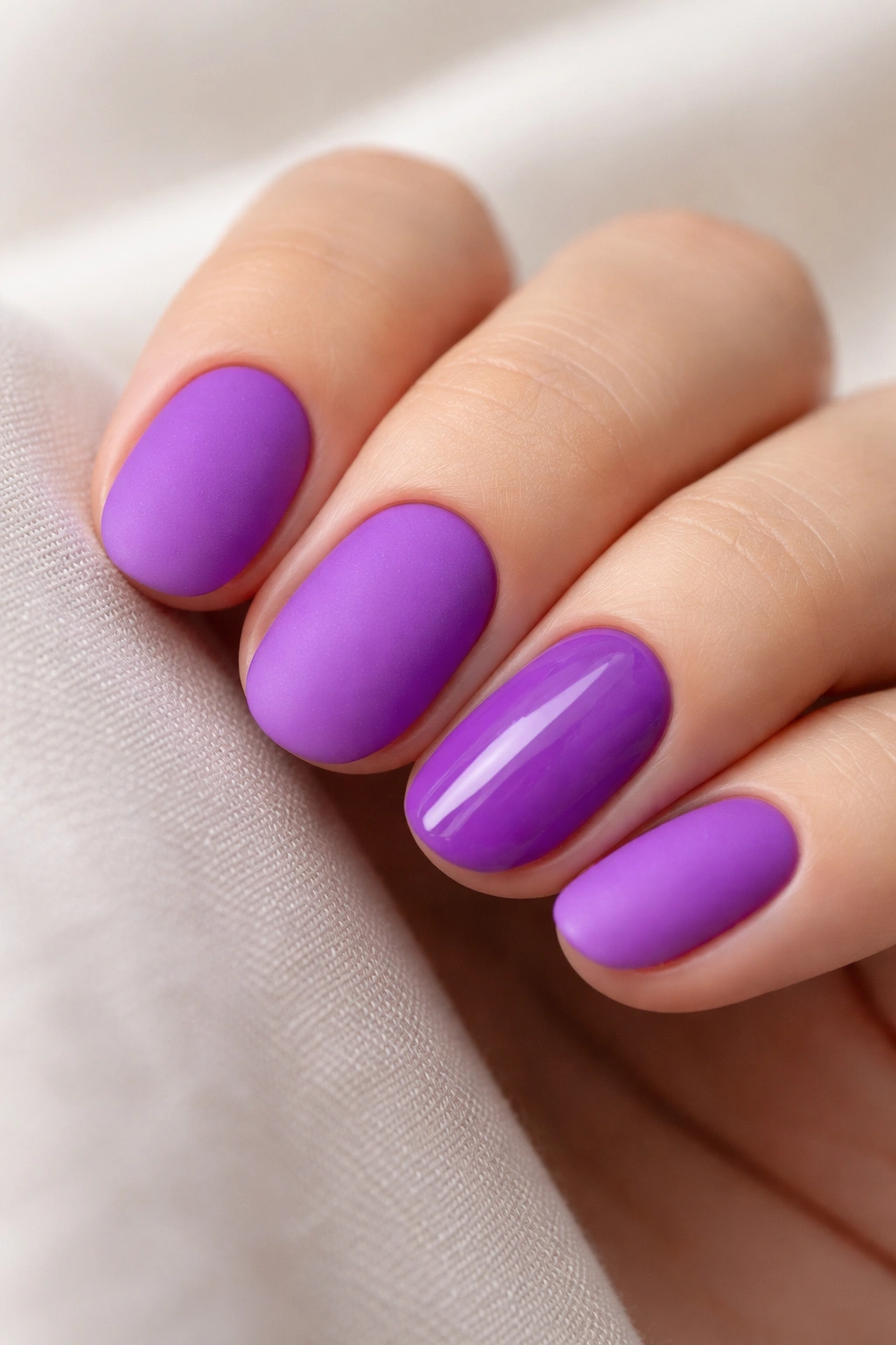 Close-up of bright purple short oval nails with matte finish and glossy accent stripe