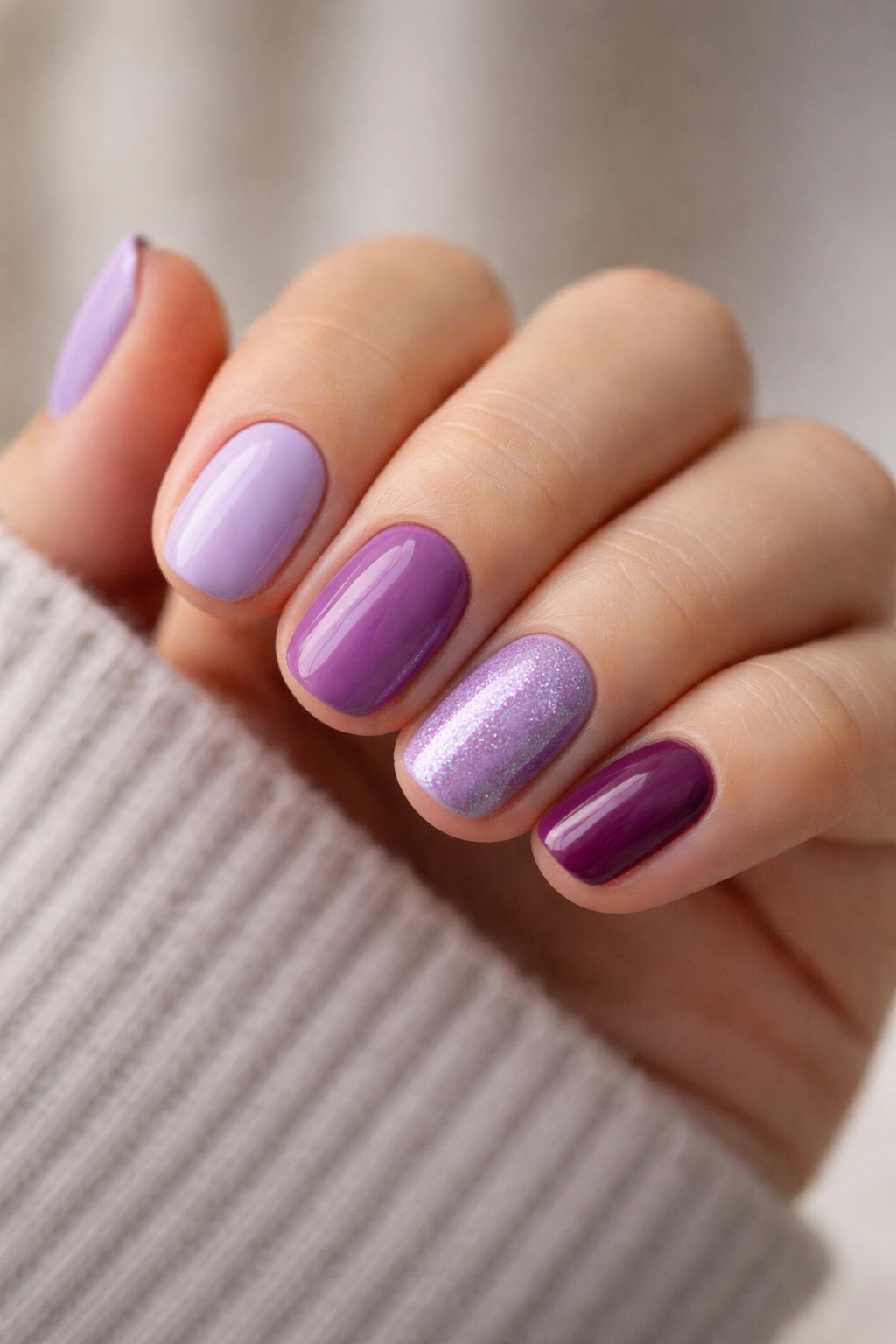Close-up of short oval nails with a mixed purple palette including lilac, lavender, orchid, violet, and plum with a shimmer nail