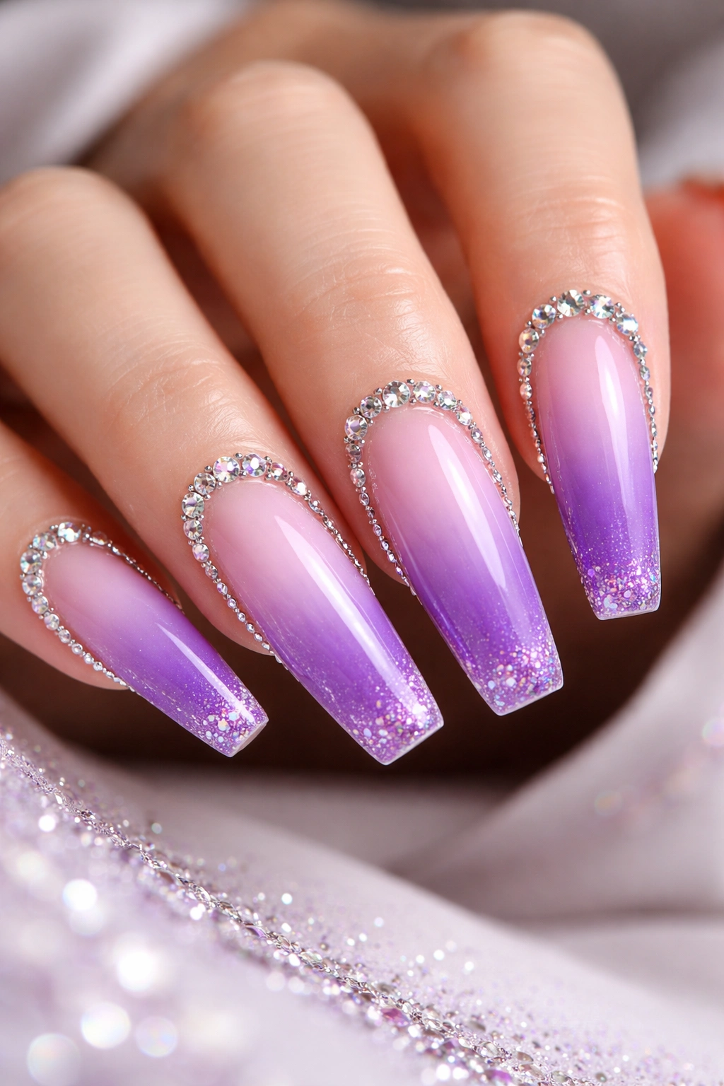 Coffin nails with purple ombre gradient and rhinestones along edges