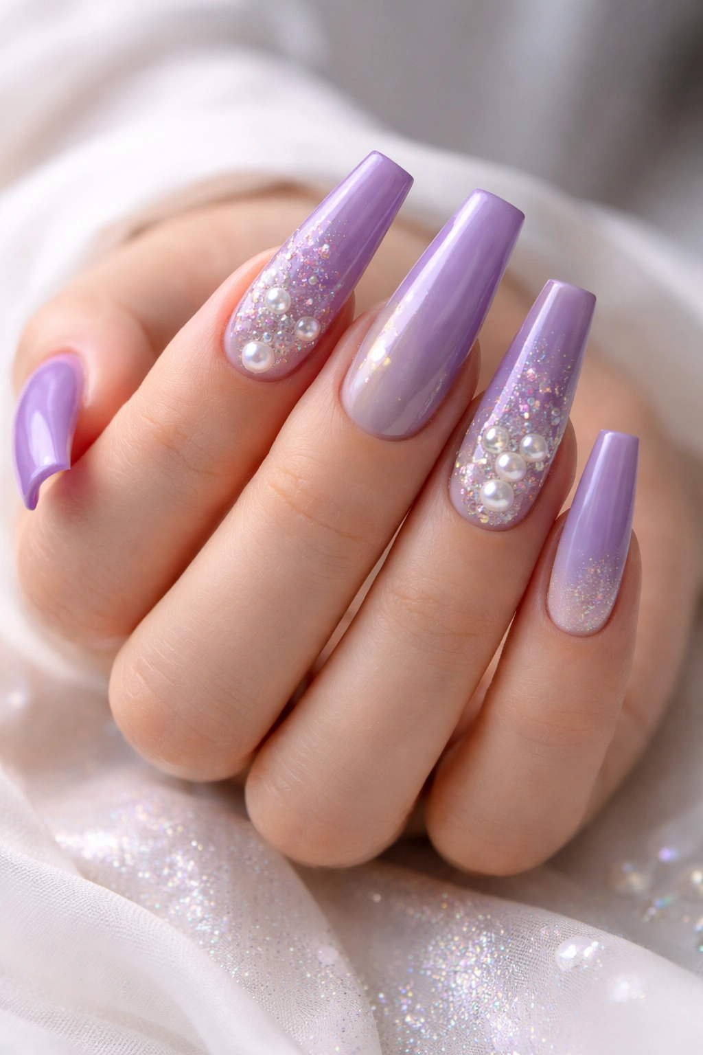 Close-up of coffin nails with purple base and pearl iridescent accents.