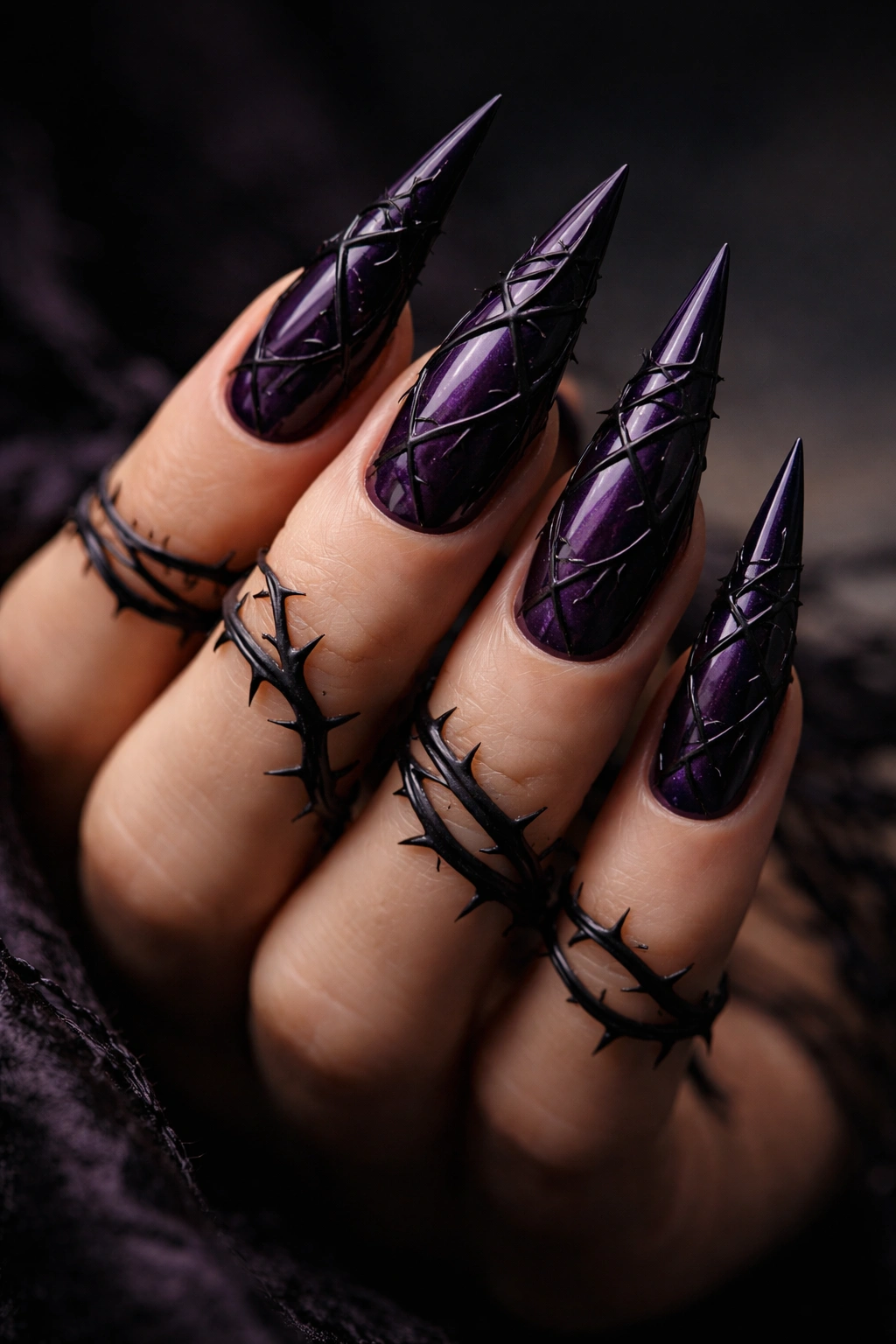 Close-up of deep purple nails with black thorns and vines