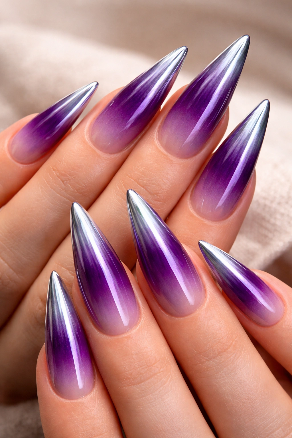 Purple ombré stiletto nails with chrome gradient tips