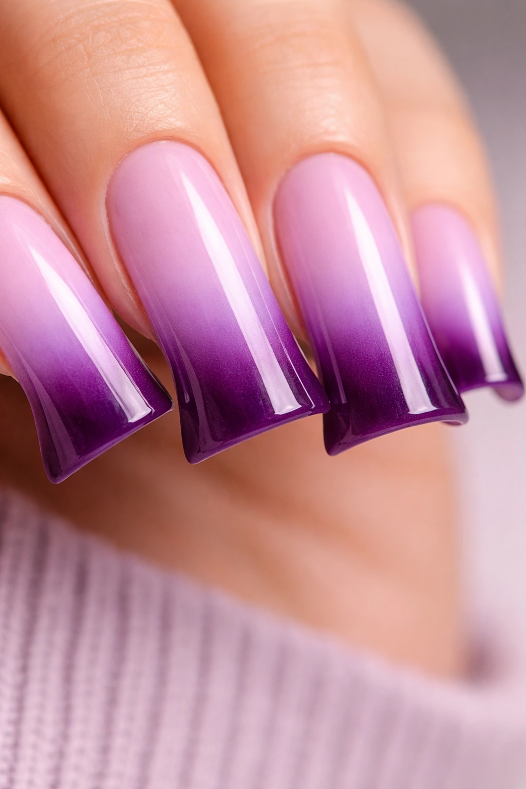 Close-up of classic purple ombré duck nails on a finger