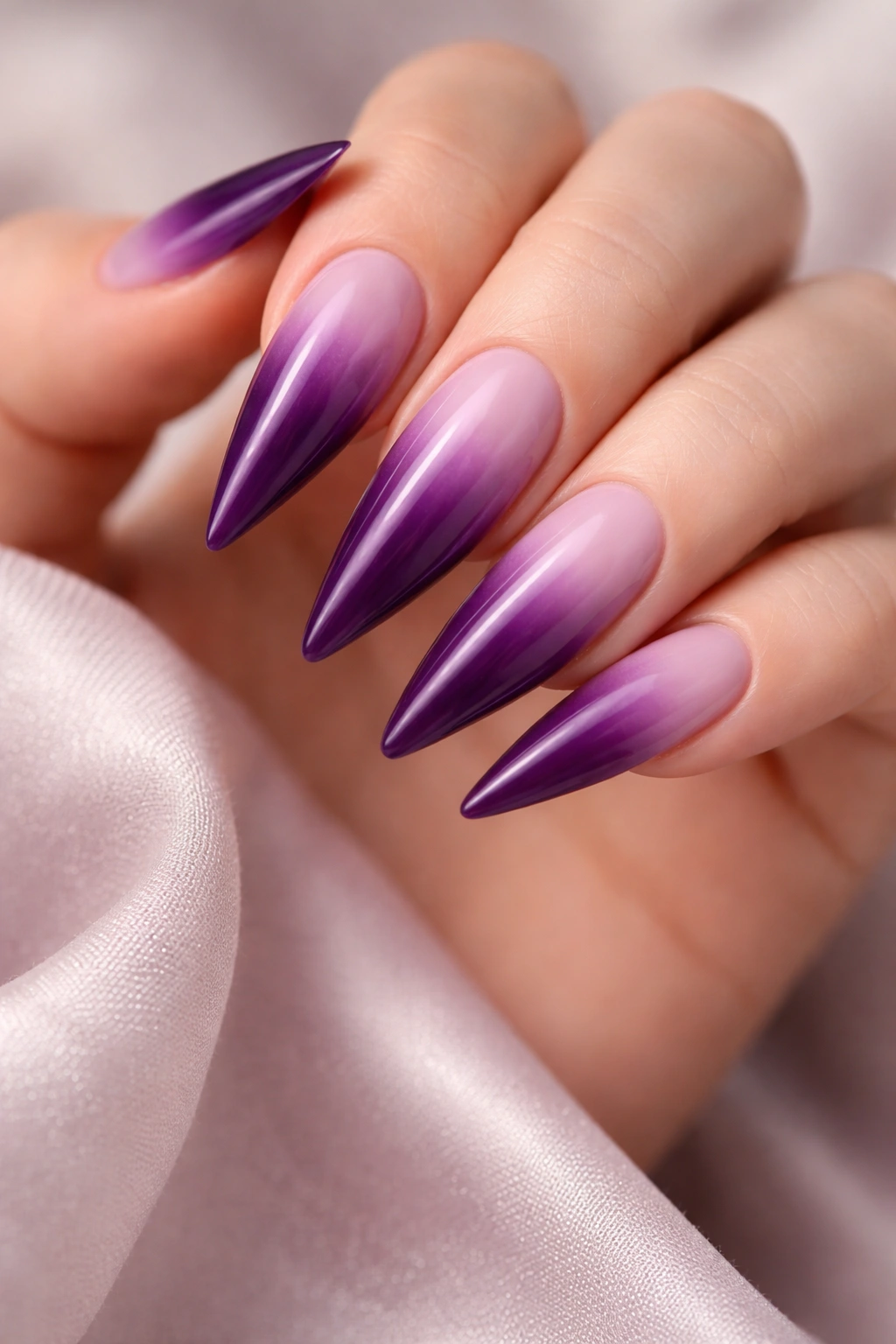 Deep purple to lavender ombre stiletto nails
