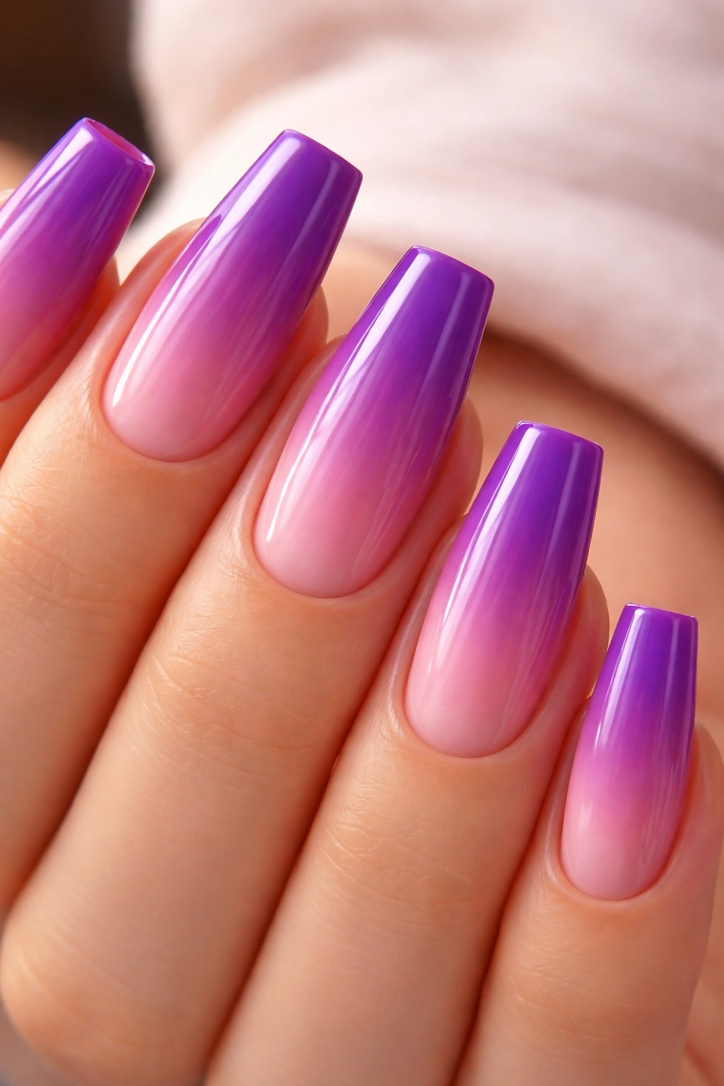Close-up of purple to pink gradient coffin nails