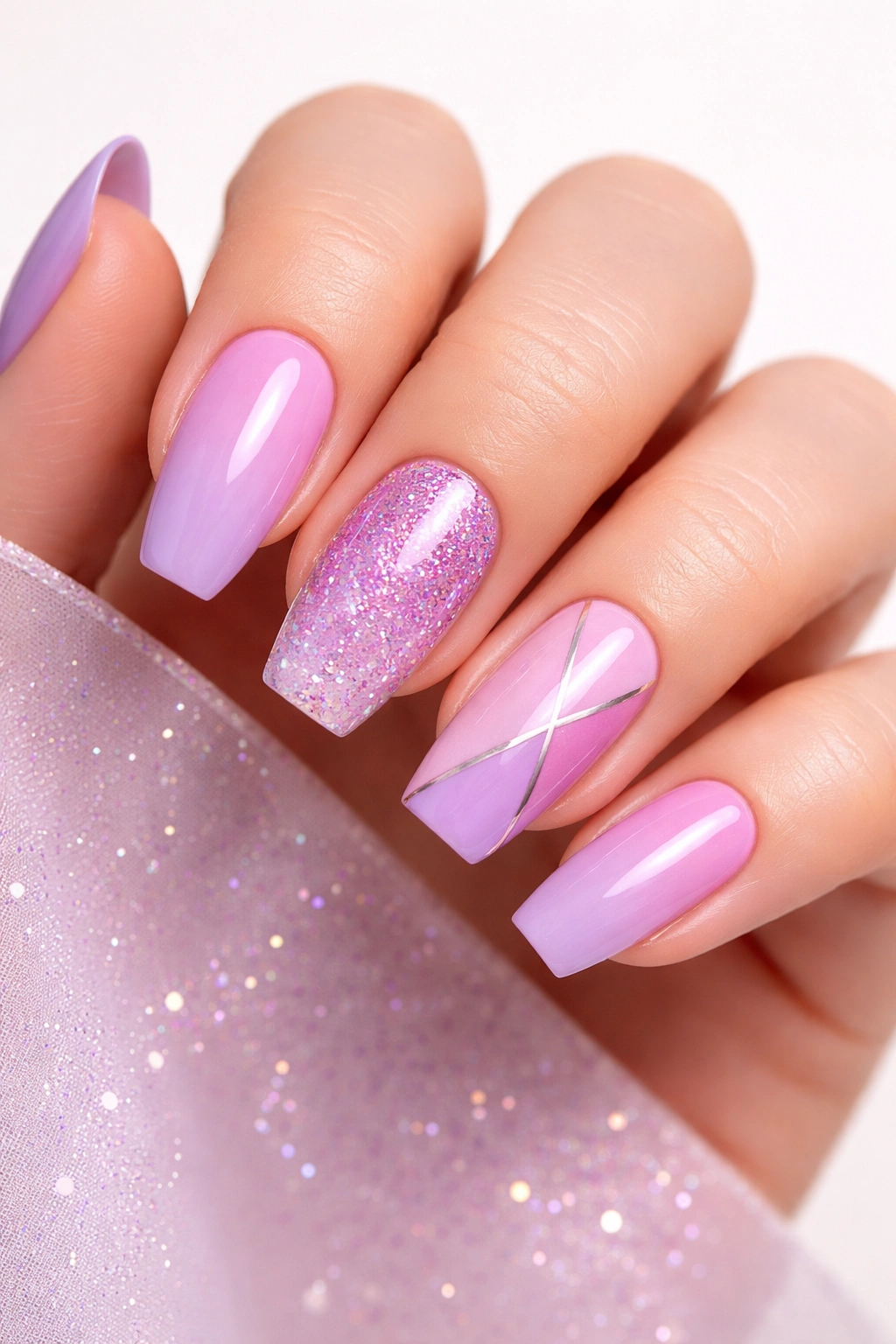 Close-up of purple and pink manicure with ombre, glitter, and geometric accents.