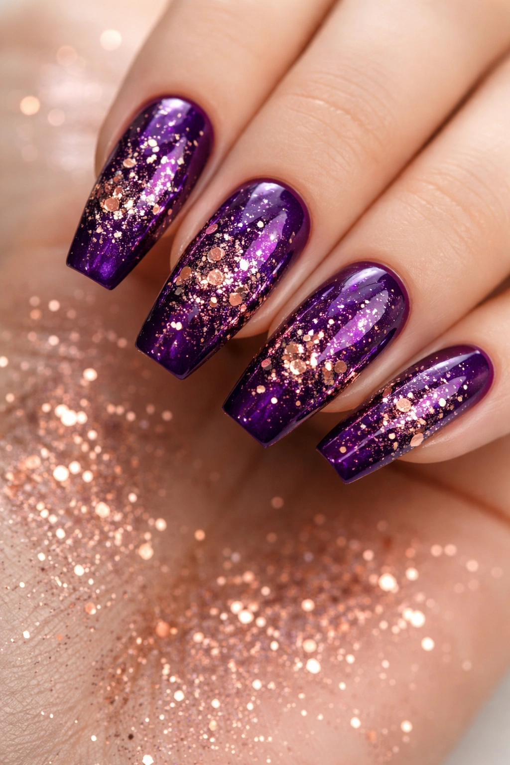 Close-up of deep purple coffin nails with rose gold confetti accents