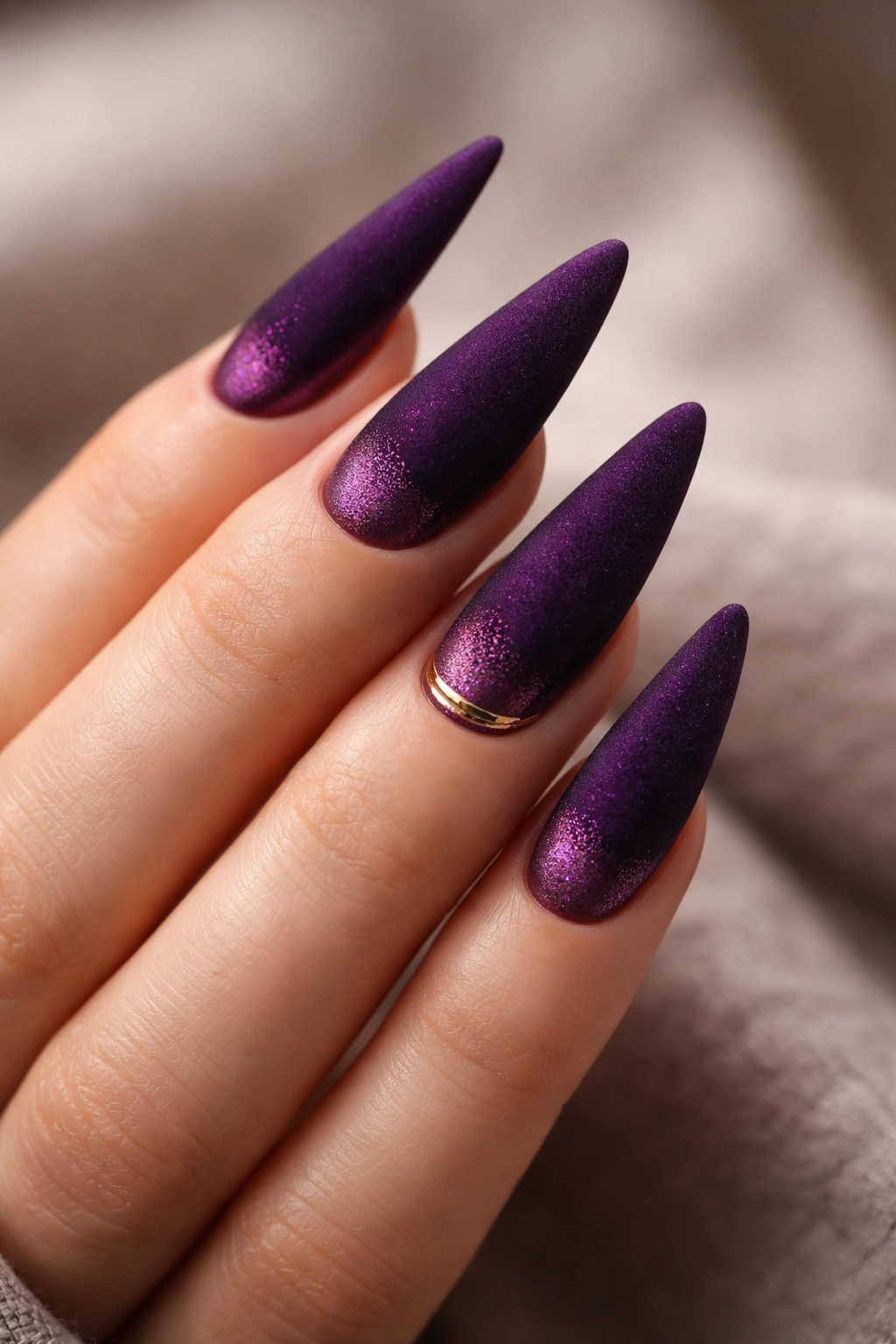 Matte deep purple velvet stiletto nails with velvet texture on neutral background