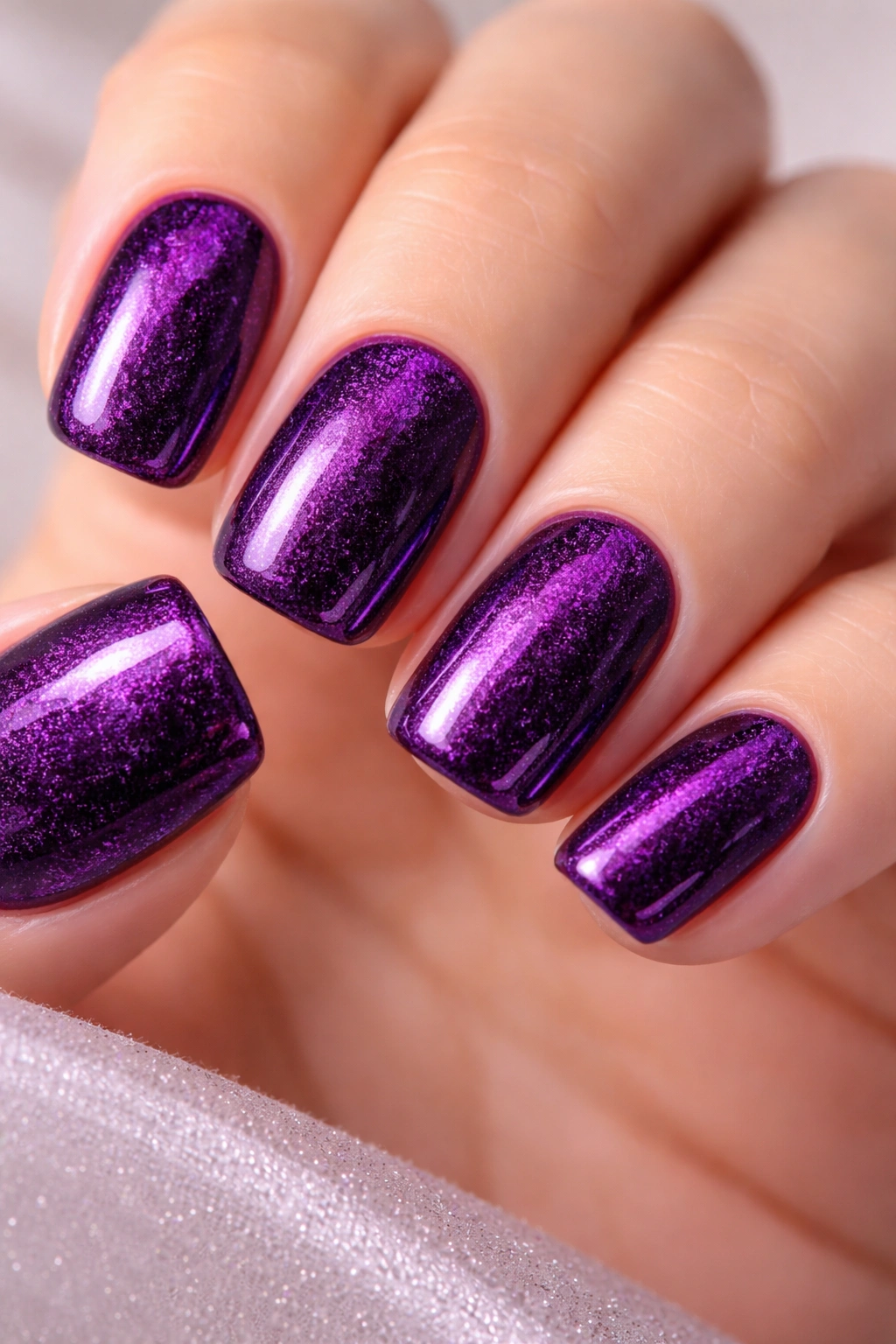 Close-up of jewel tone purple velvet nails with shimmer.