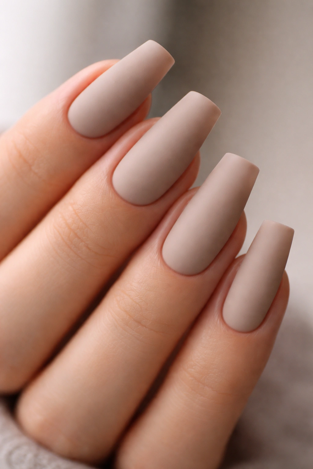 Putty matte nails with clean sidewalls on ballerina shape
