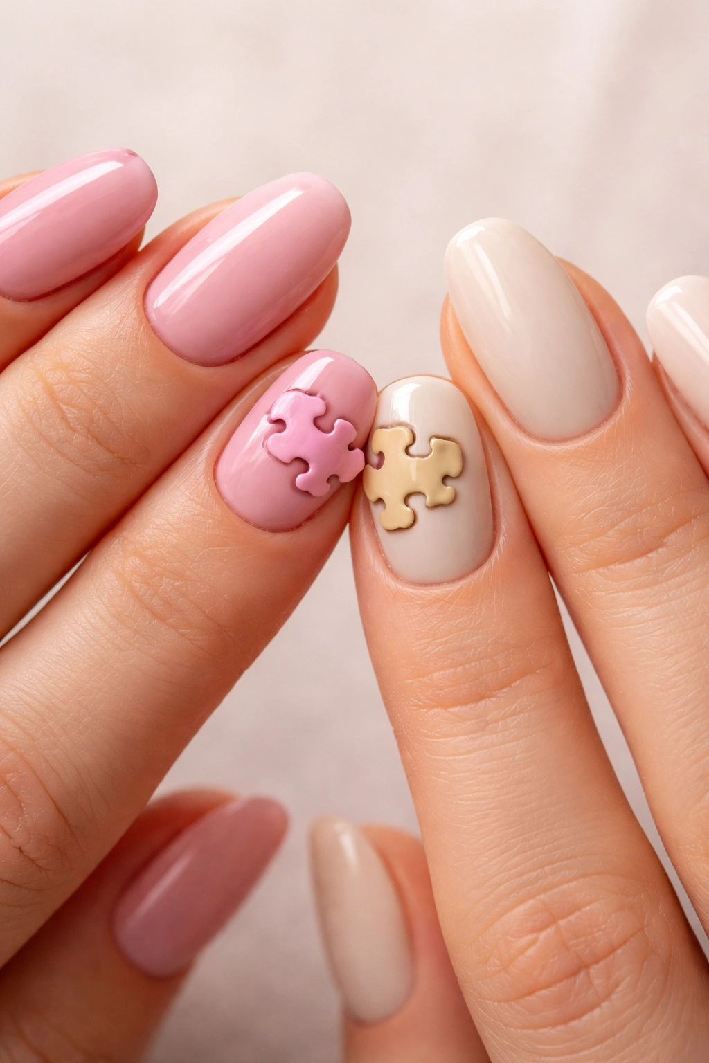 Two hands with interlocking puzzle-piece nail art on ring fingers.