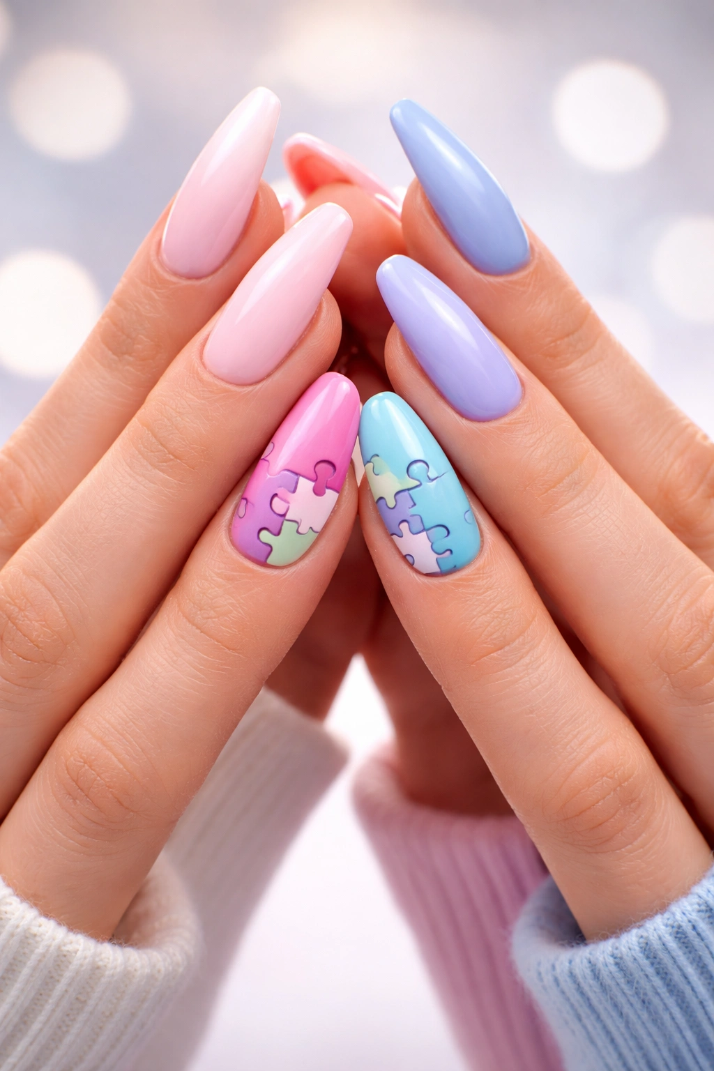 Long nails with puzzle piece motifs that interlock