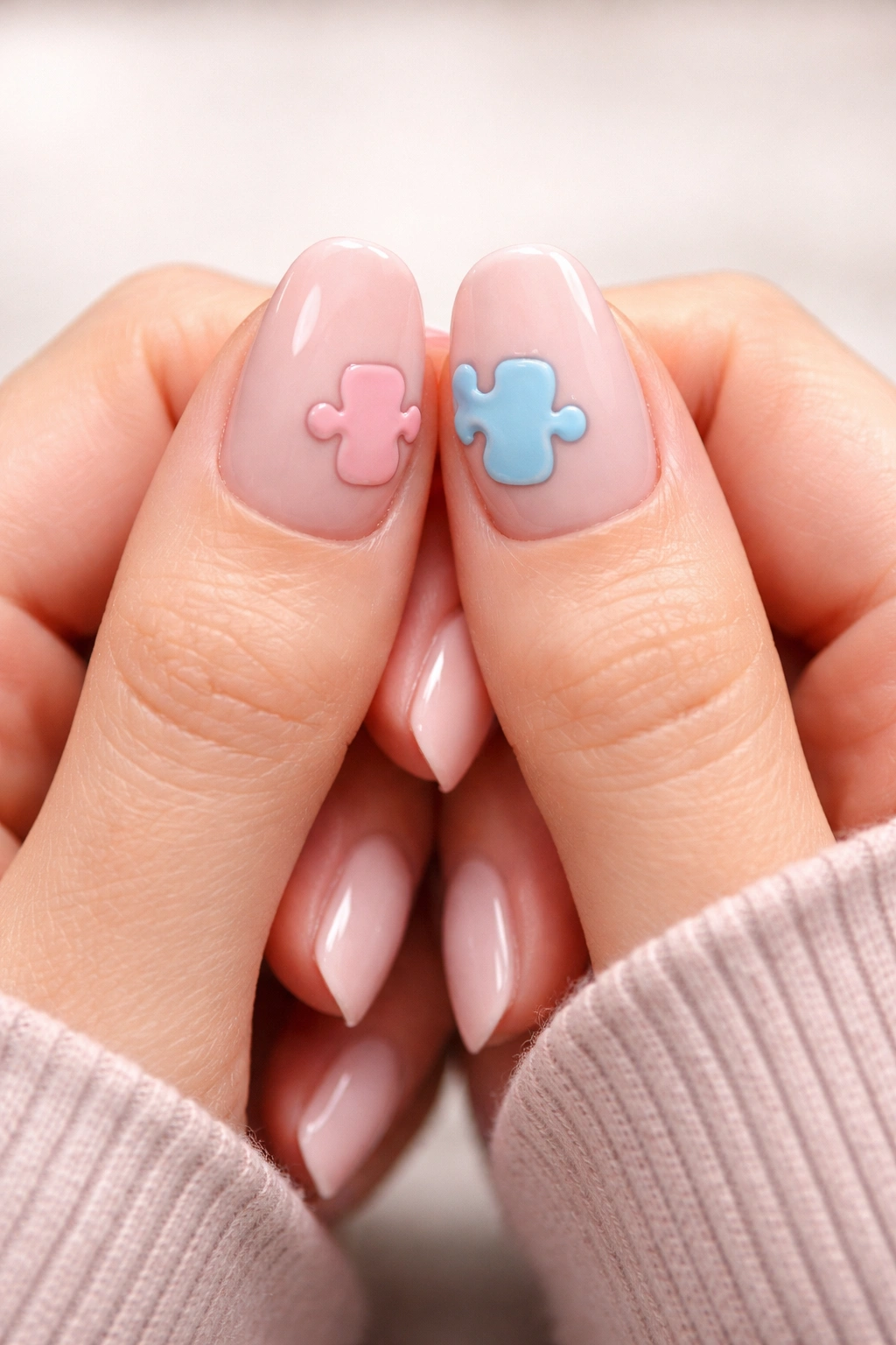 Close-up of puzzle piece nails interlocking when hands meet