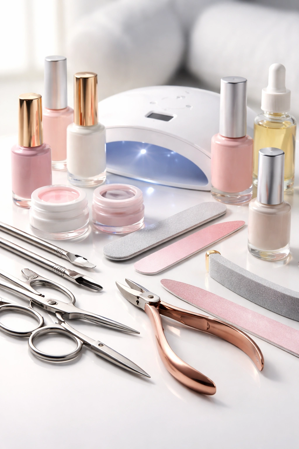 Close-up of high-quality manicure tools and quality nail polish arranged neatly