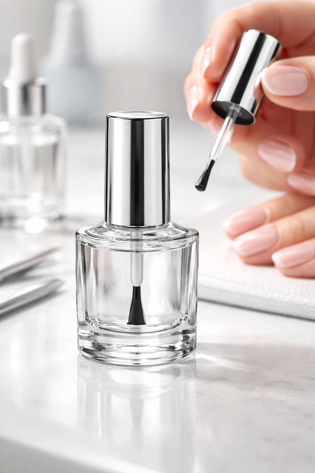 Close-up of an unlabeled glass nail polish bottle with a metallic cap on a manicure station, illustrating quick-dry top coats.