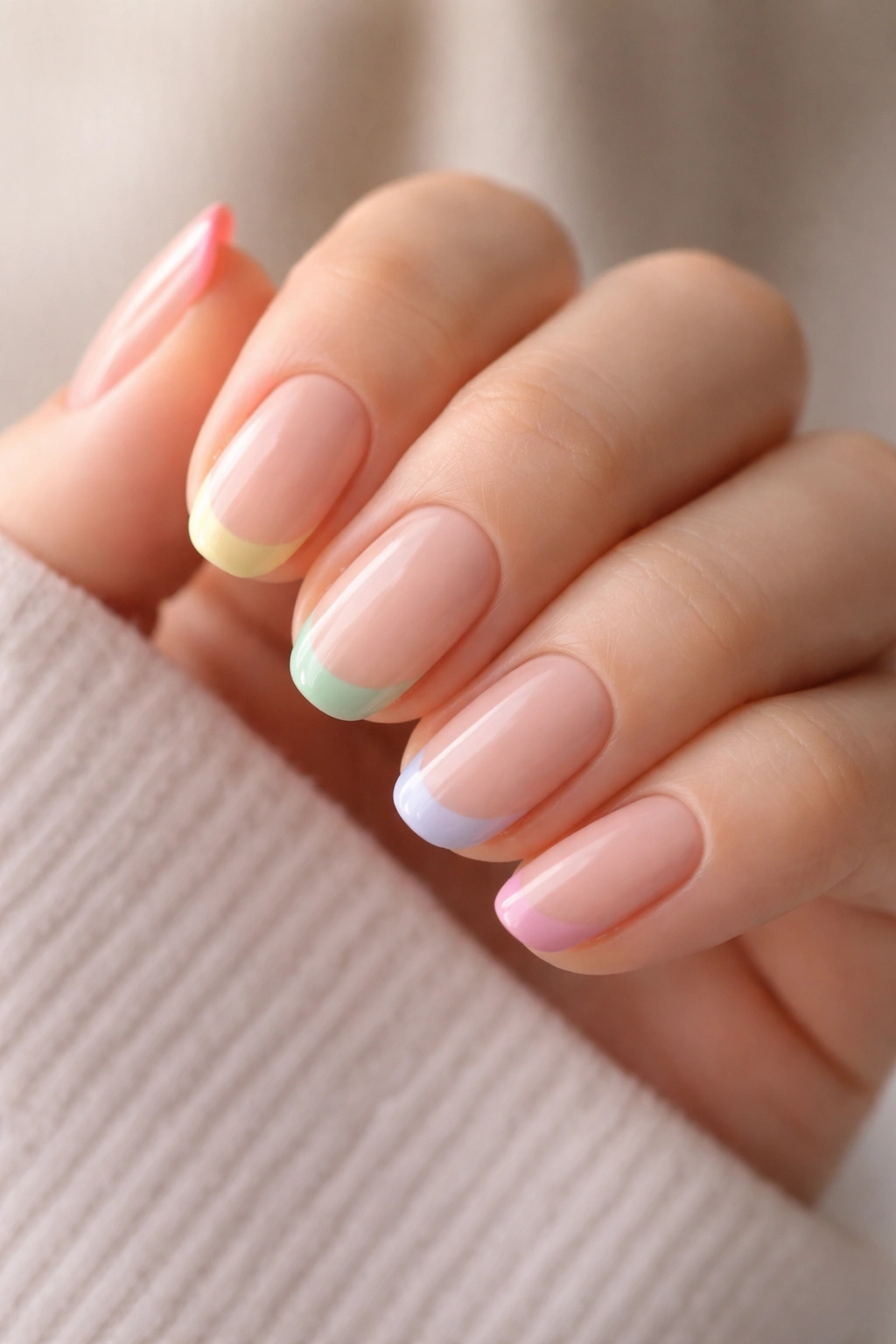 Close-up of short oval nails with pastel rainbow accent tips on a nude base