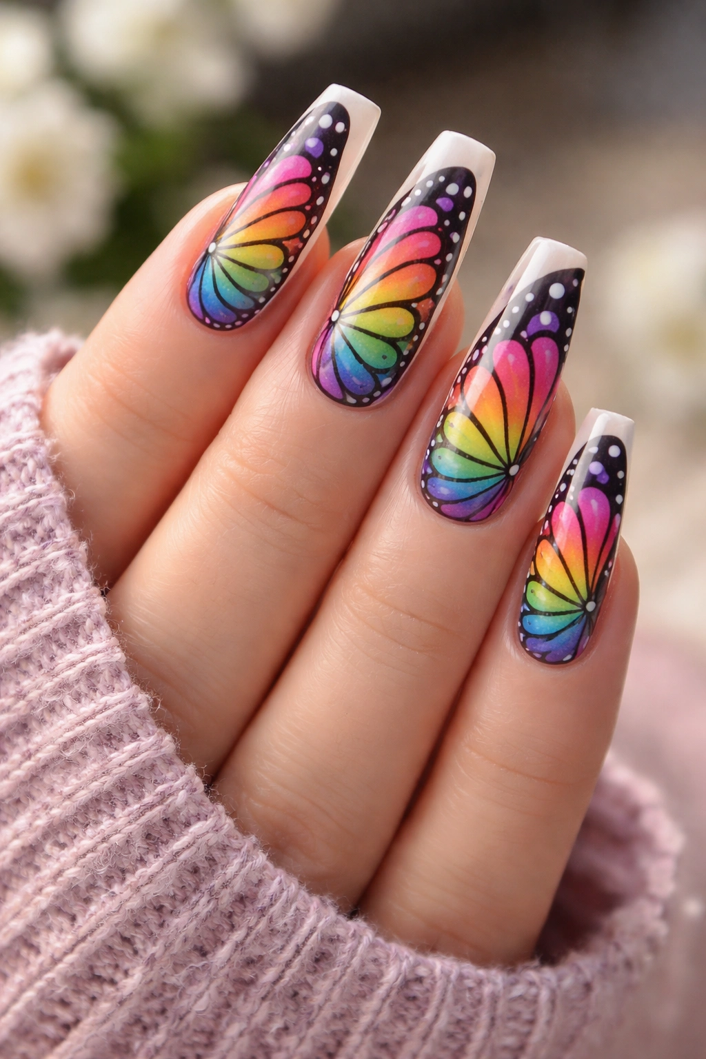 Close-up of coffin nails with a rainbow butterfly design on each nail
