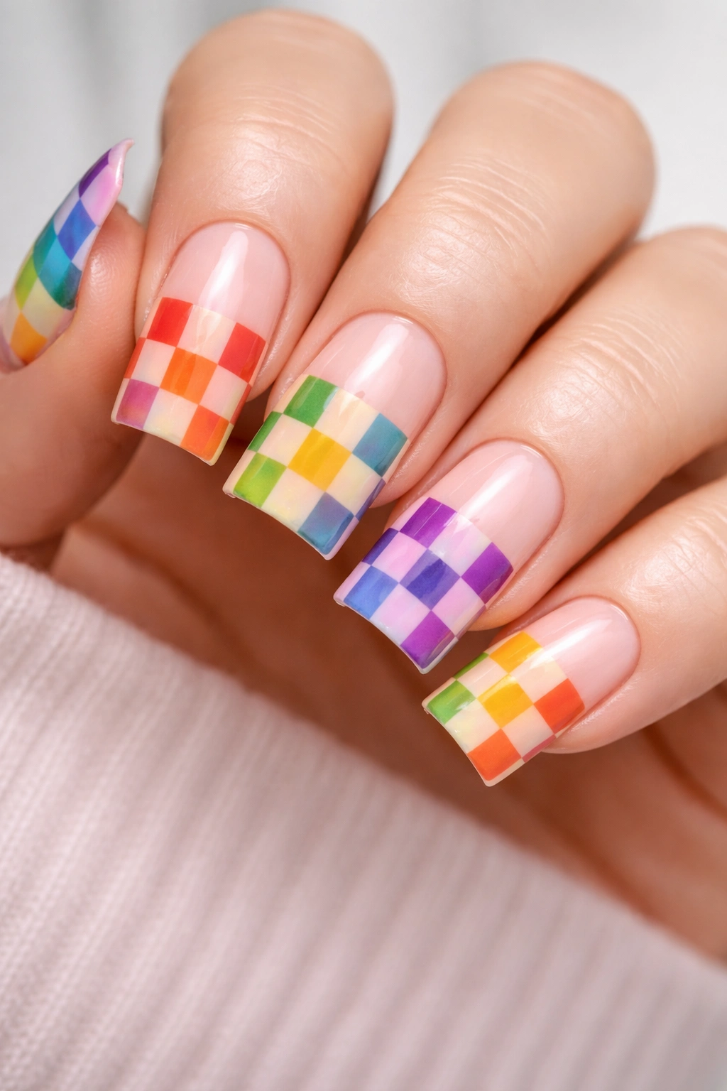 Duck nails with rainbow checkerboard squares on neutral base