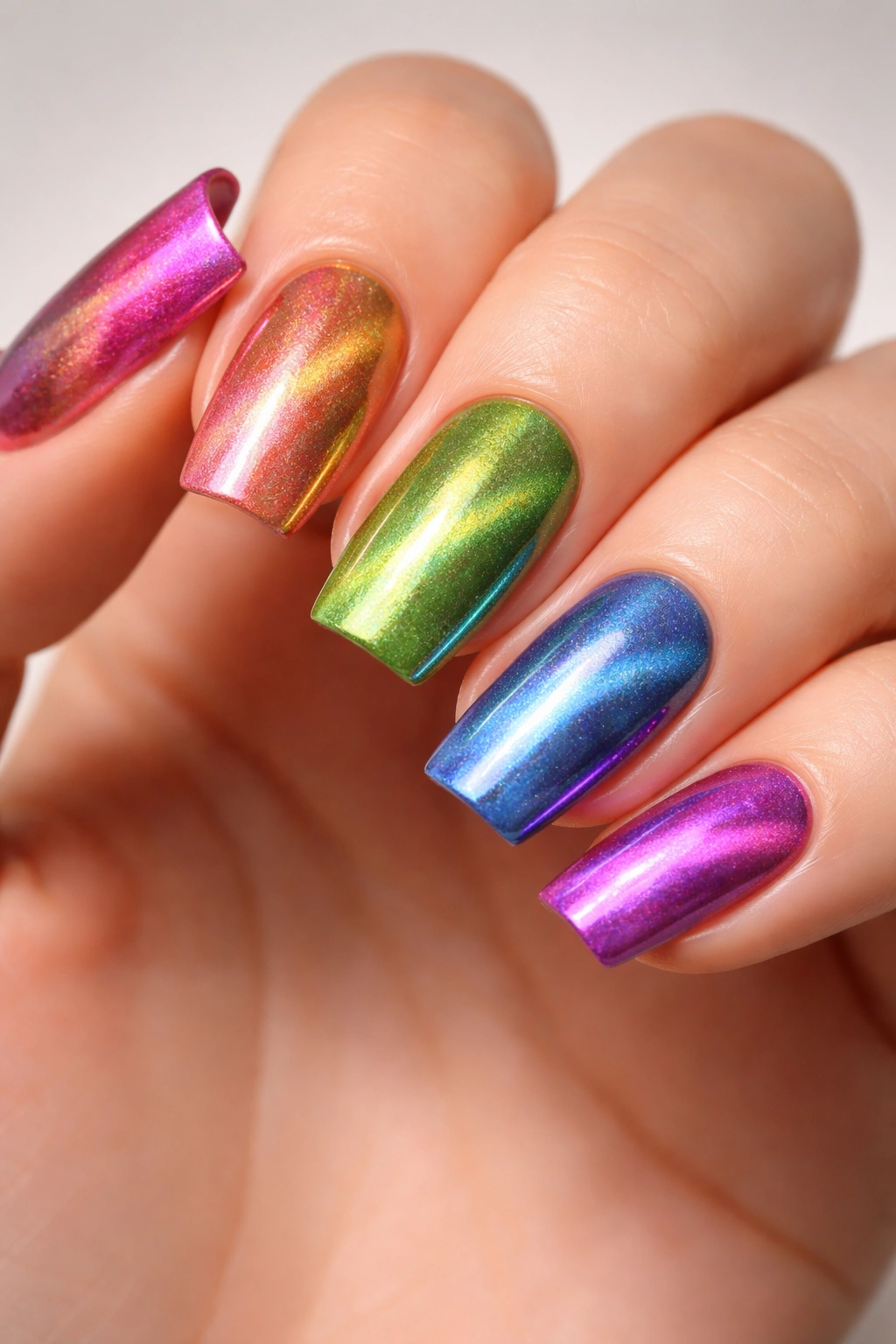 Rainbow chrome cat eye nails on soft square nails with multicolor reflections