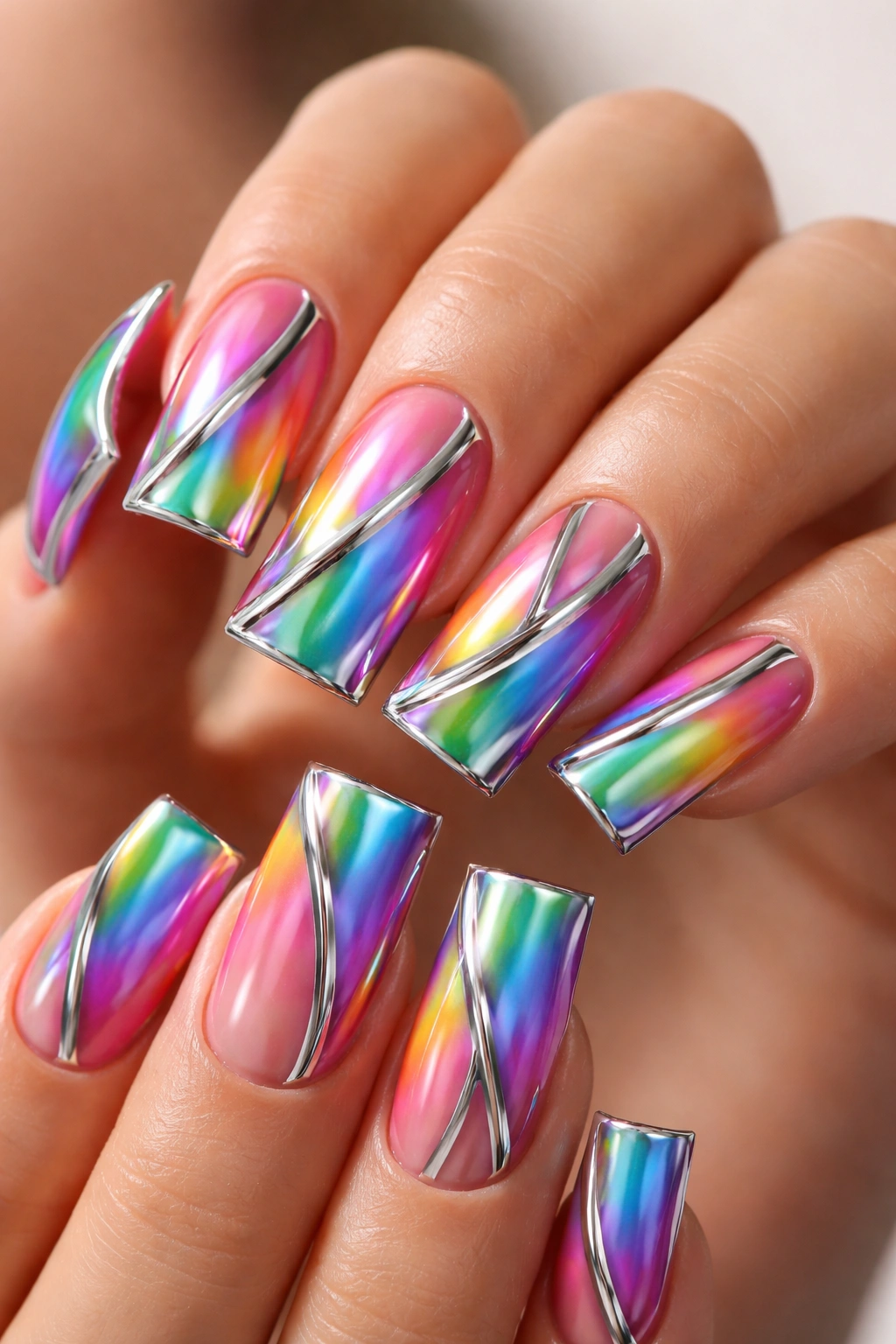 Close-up of duck-nail shaped nails with rainbow base and chrome accents