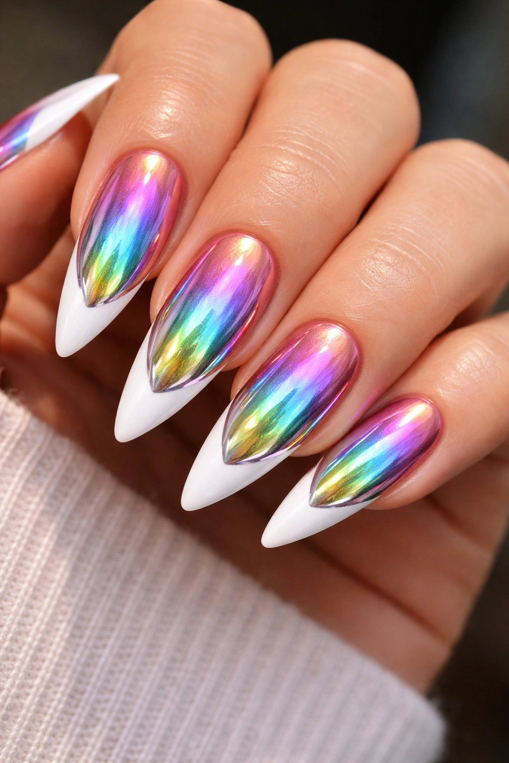 Rainbow chrome nails with white tips