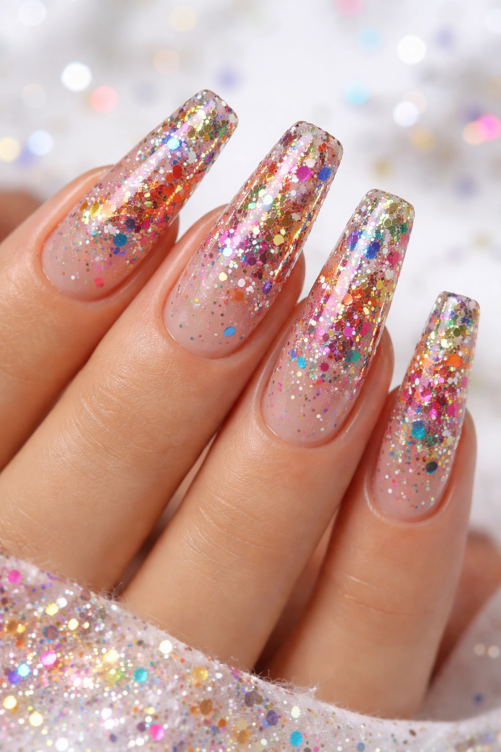 Long coffin nails with multicolor confetti glitter on nude base.